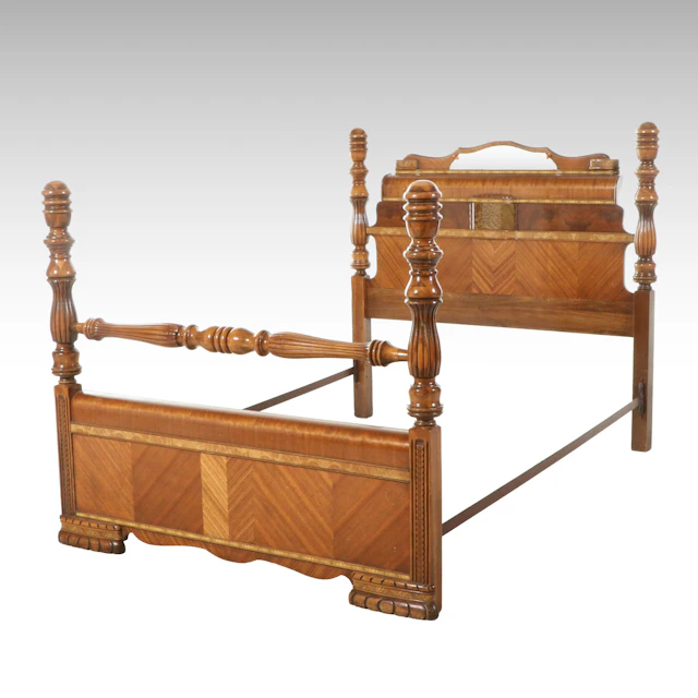 Antique Art Deco Style Waterfall Veneer Four-Poster Bed Frame