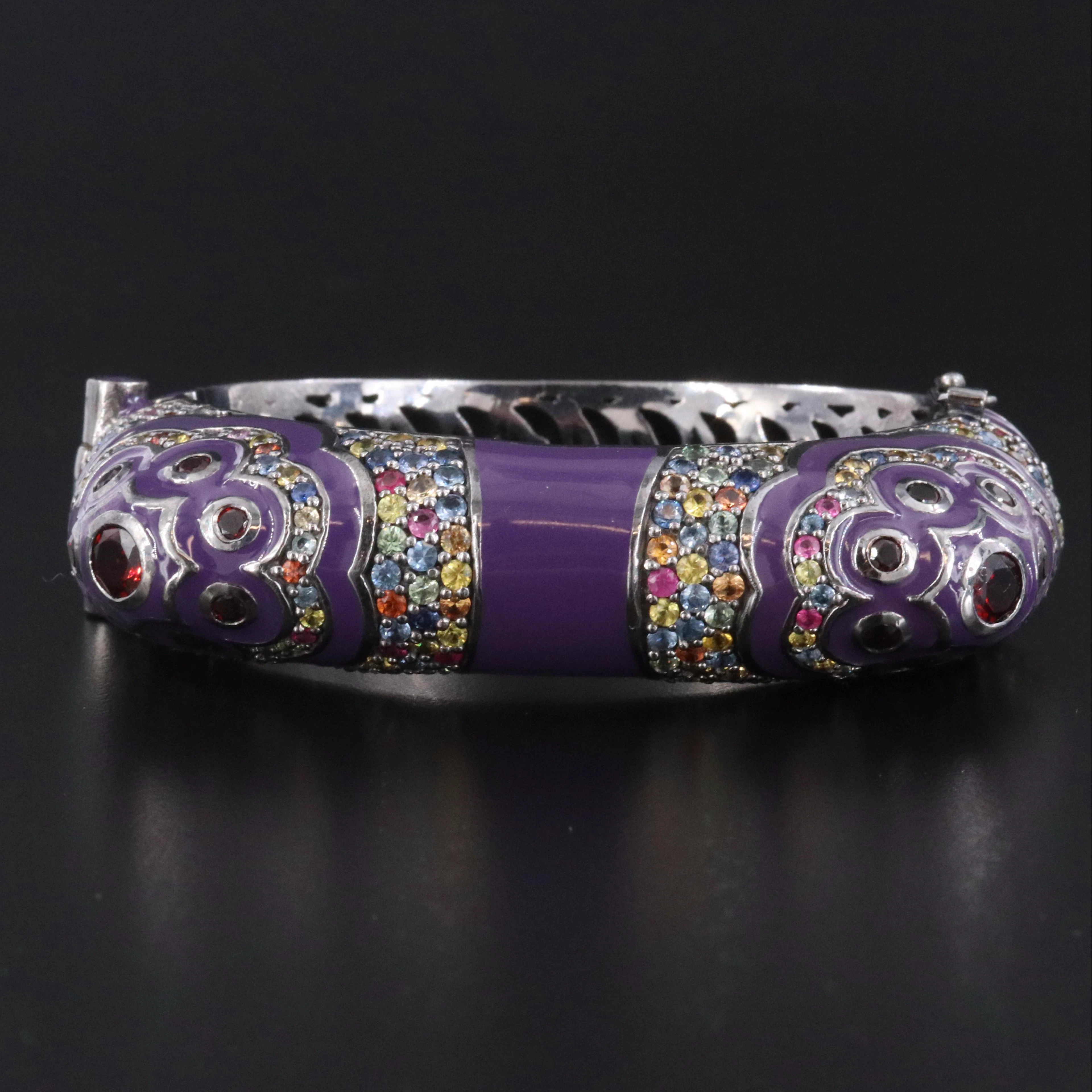 Michael Campbell Laurenza Sterling Garnet and Sapphire Hinged Bangle Bracelet