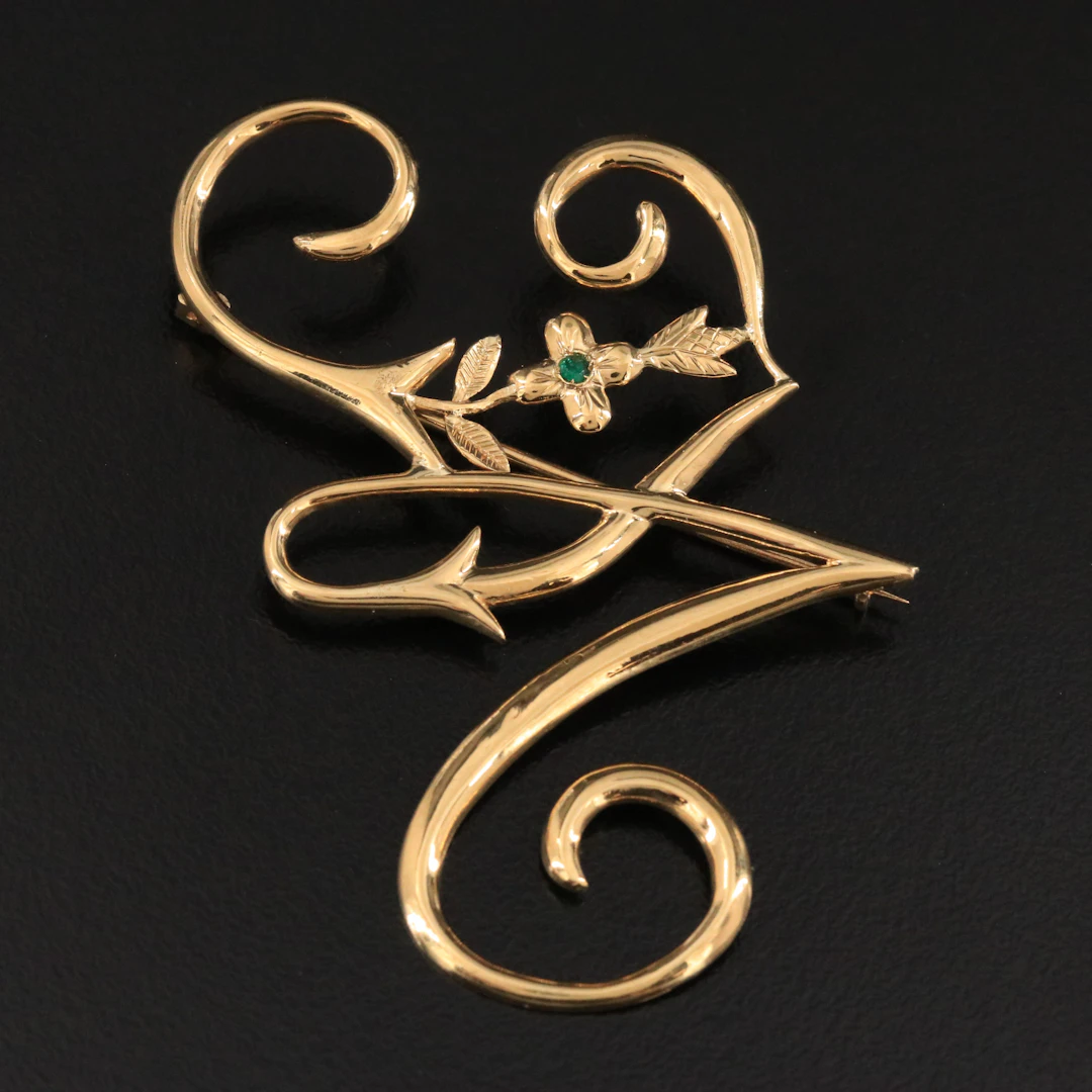 18K Initial "M" Brooch with Emerald Accent