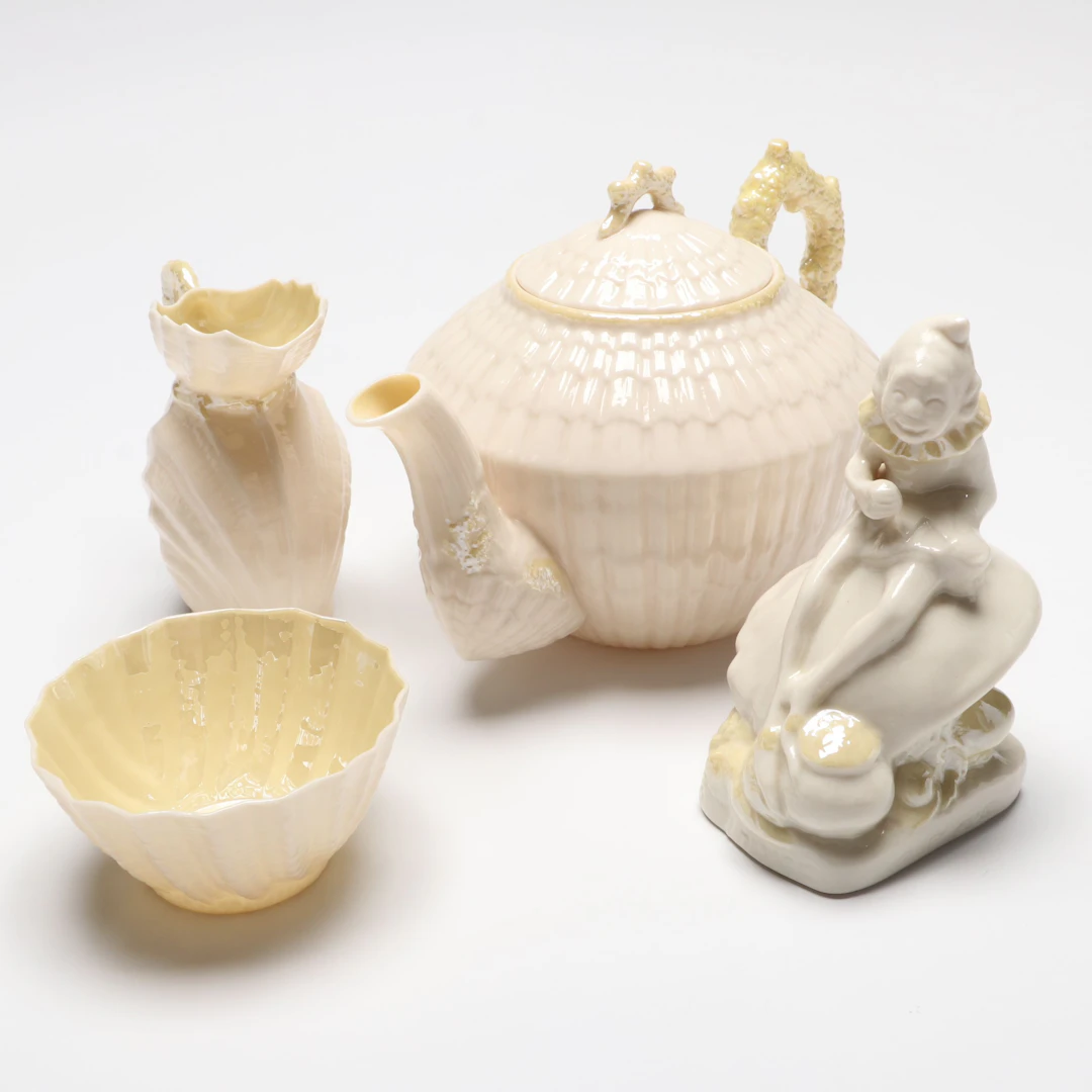 Belleek "Leprechaun" Porcelain Figurine with "Limpet" Porcelain Teaware