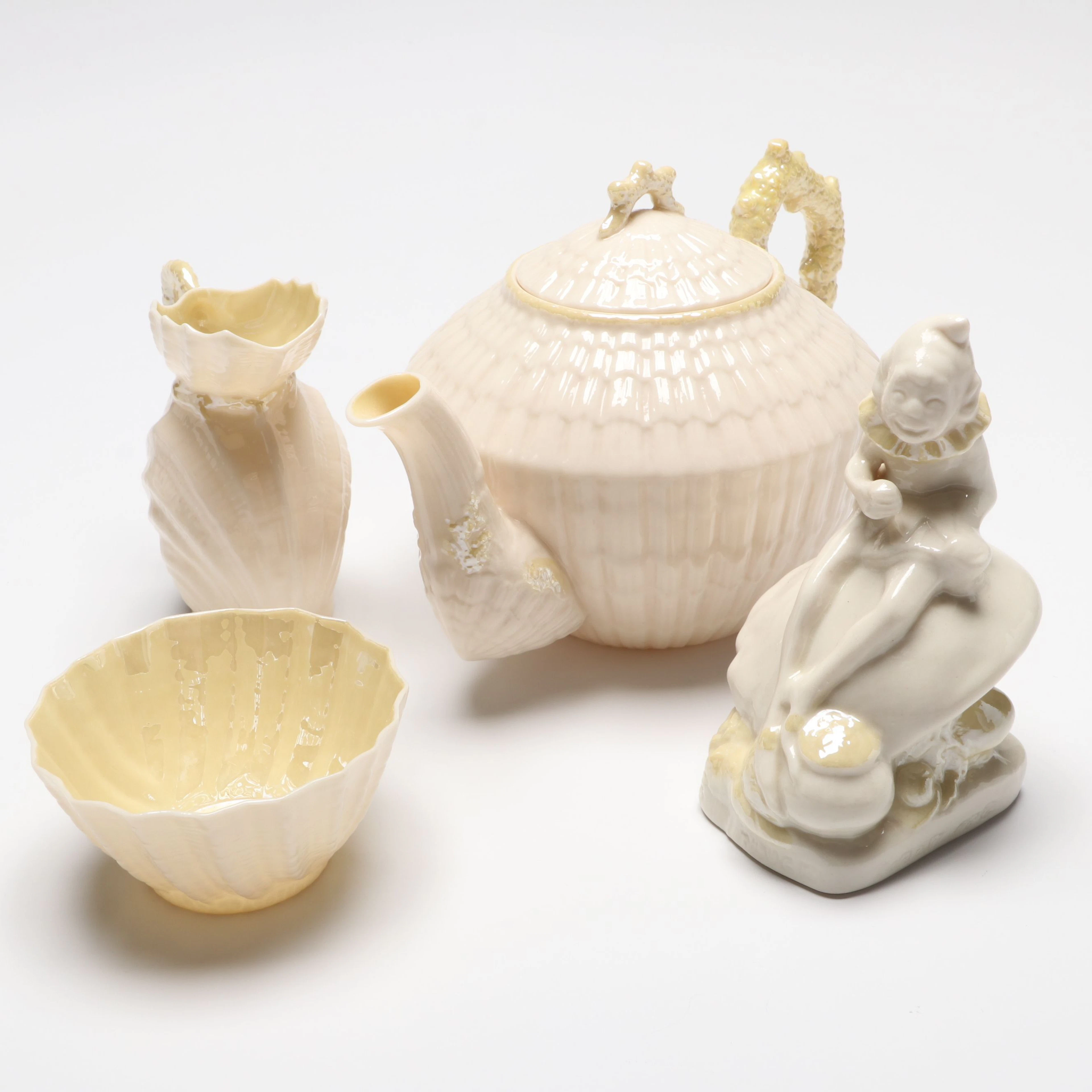 Belleek "Leprechaun" Porcelain Figurine with "Limpet" Porcelain Teaware