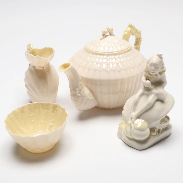 Belleek "Leprechaun" Porcelain Figurine with "Limpet" Porcelain Teaware