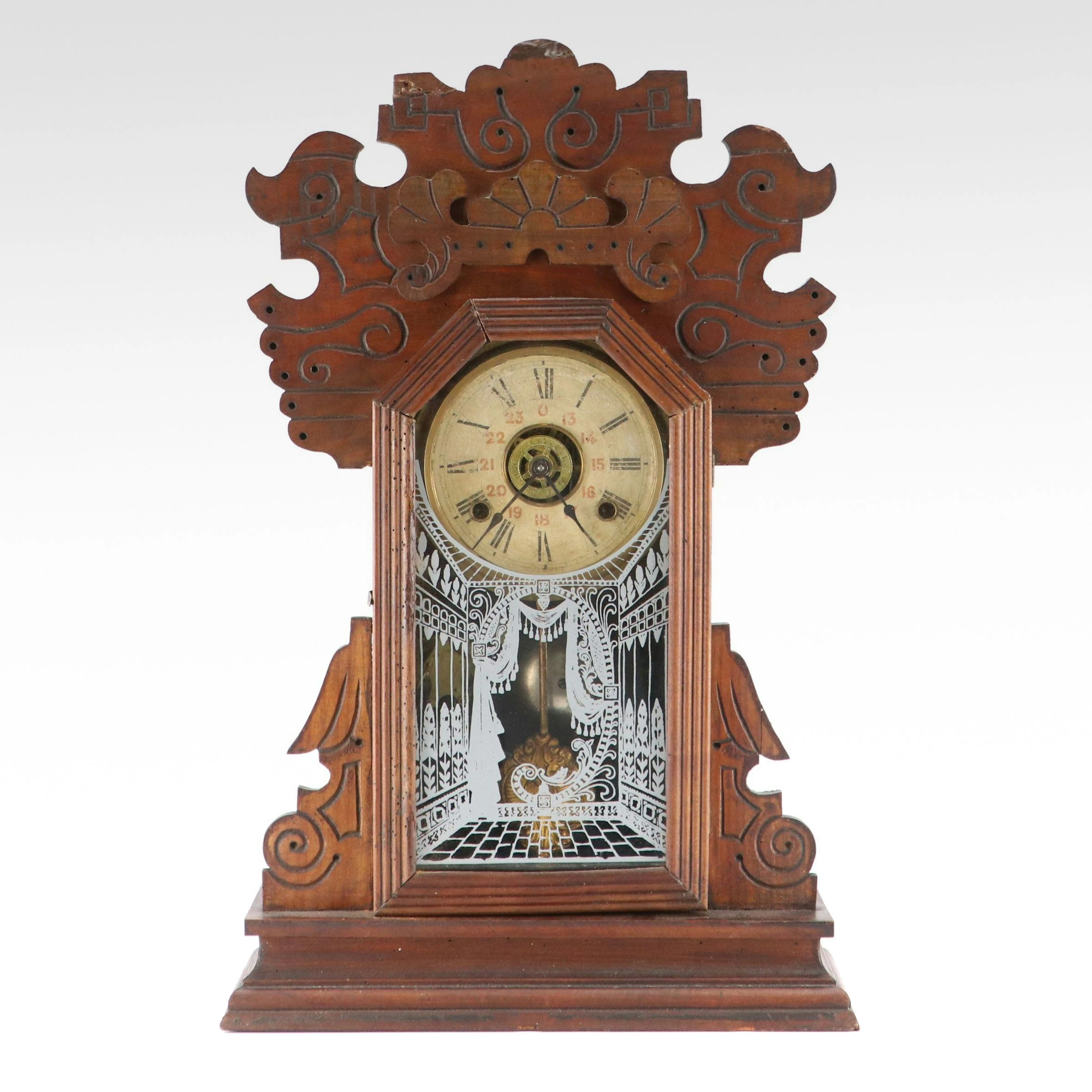 Gingerbread Style Carved Wood Mantel Clock