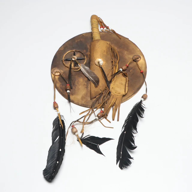 Native American Deer Hide Medicine Shield with Bone Dagger