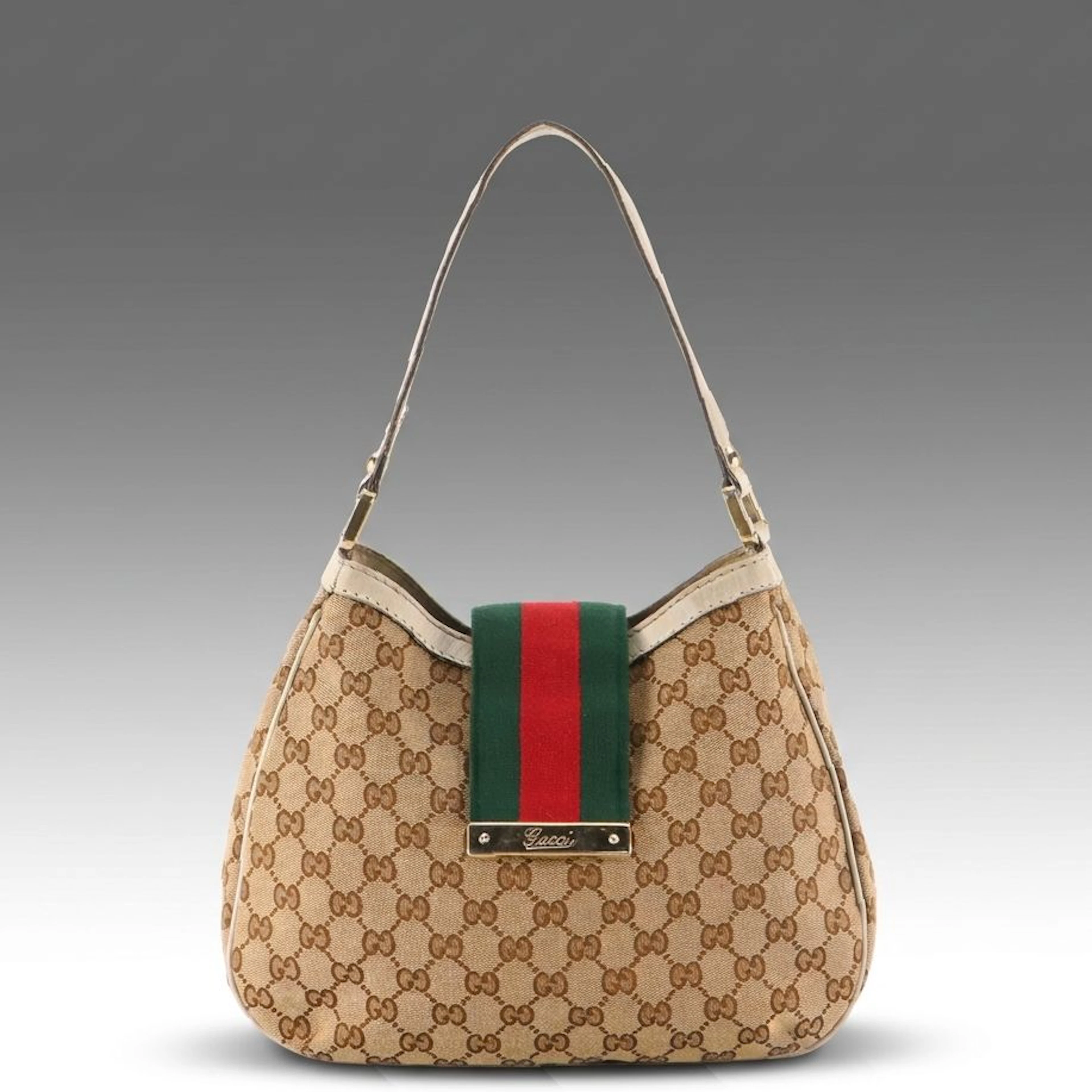 Gucci New Ladies Web Hobo Shoulder Bag in Brown GG Canvas and Ivory Leather