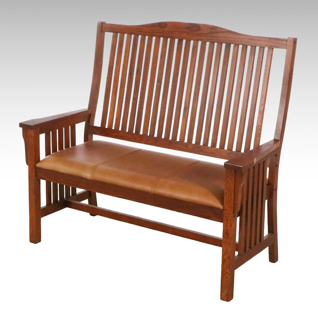 Mission Style Leather Upholstered Oak Bench, Late 20th Century