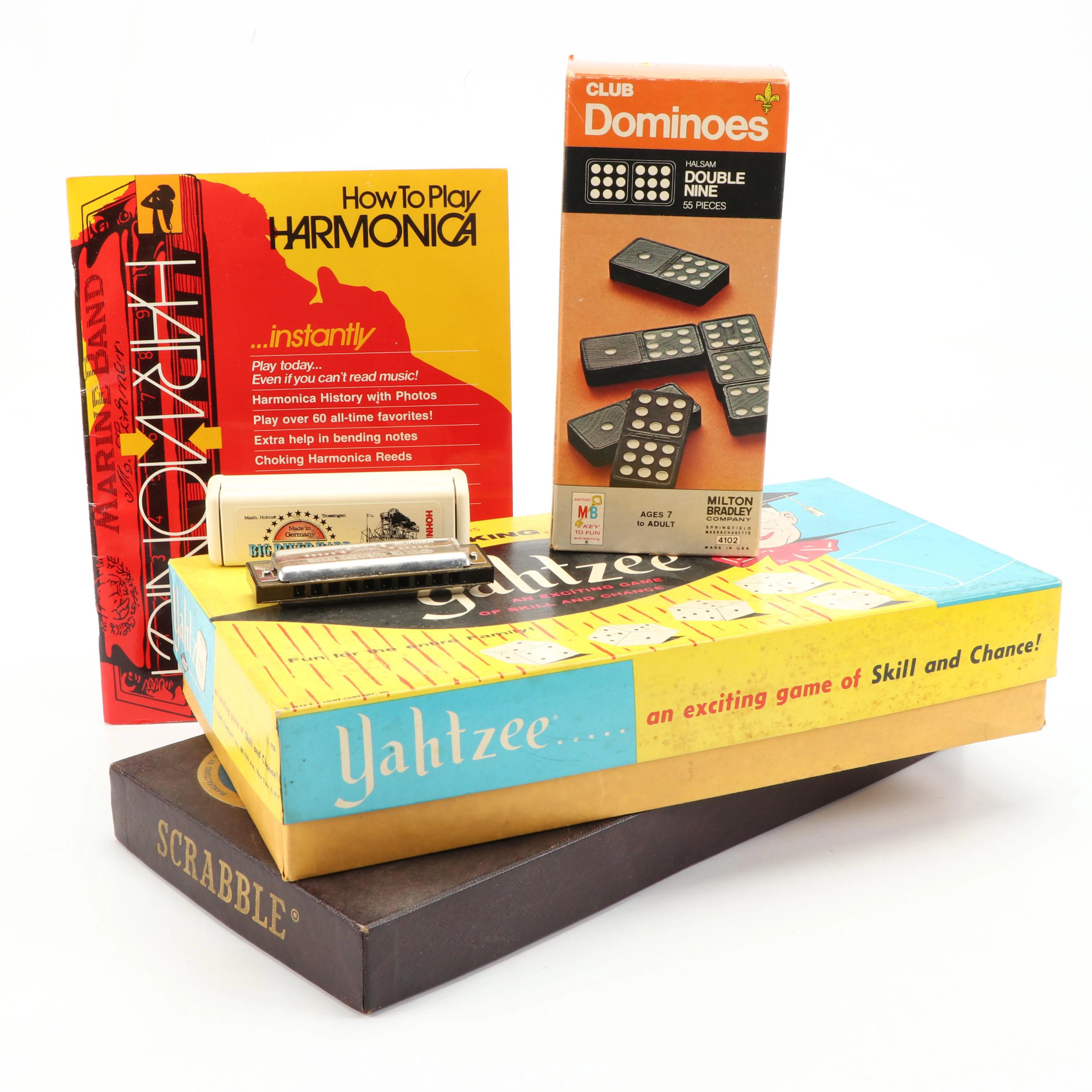 Vintage Yahtzee, Scrabble, and Dominoes with Hohner Harmonica and Music Book