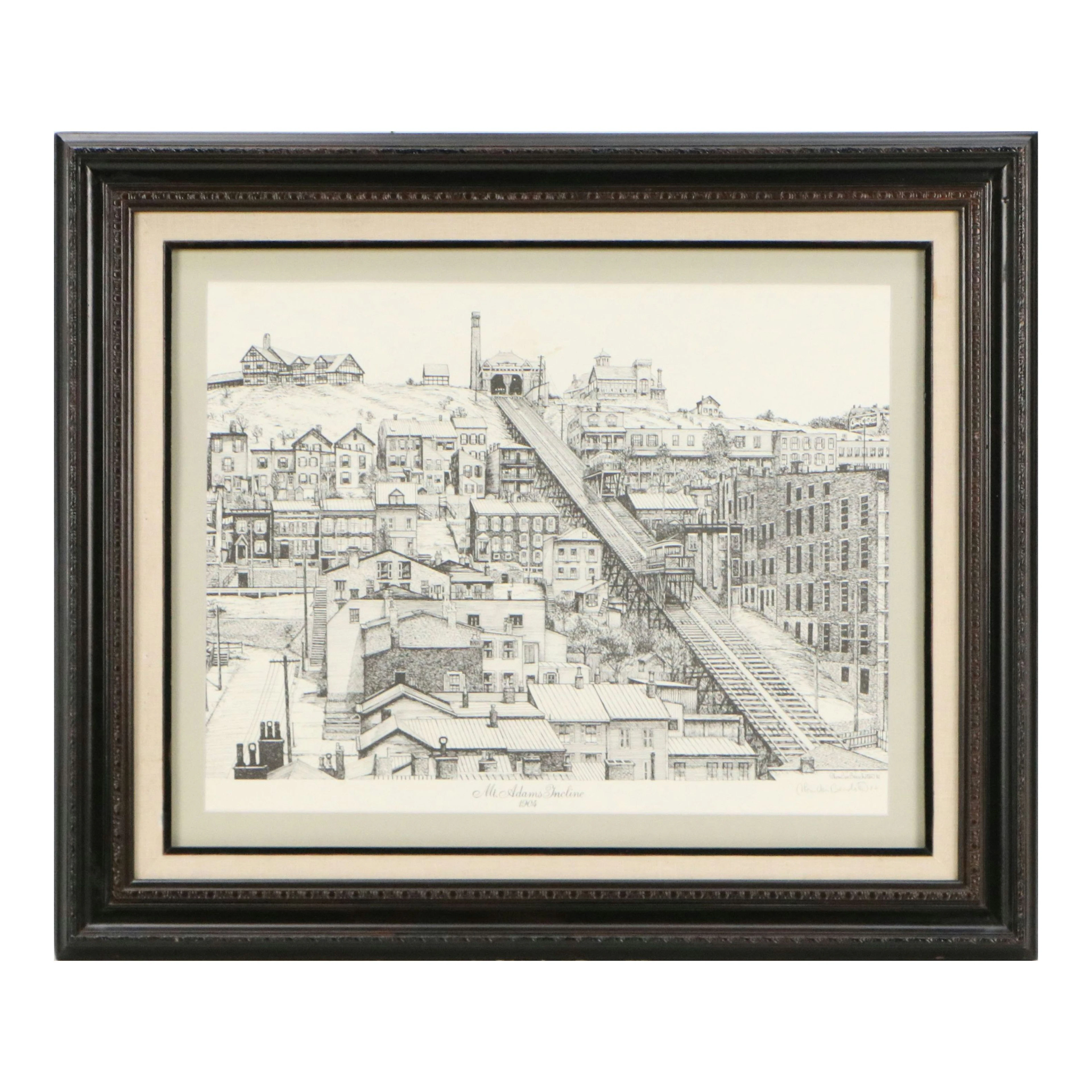 Thom Van Benschoten Cincinnati Lithograph "Mt. Adams Incline 1904," 1982