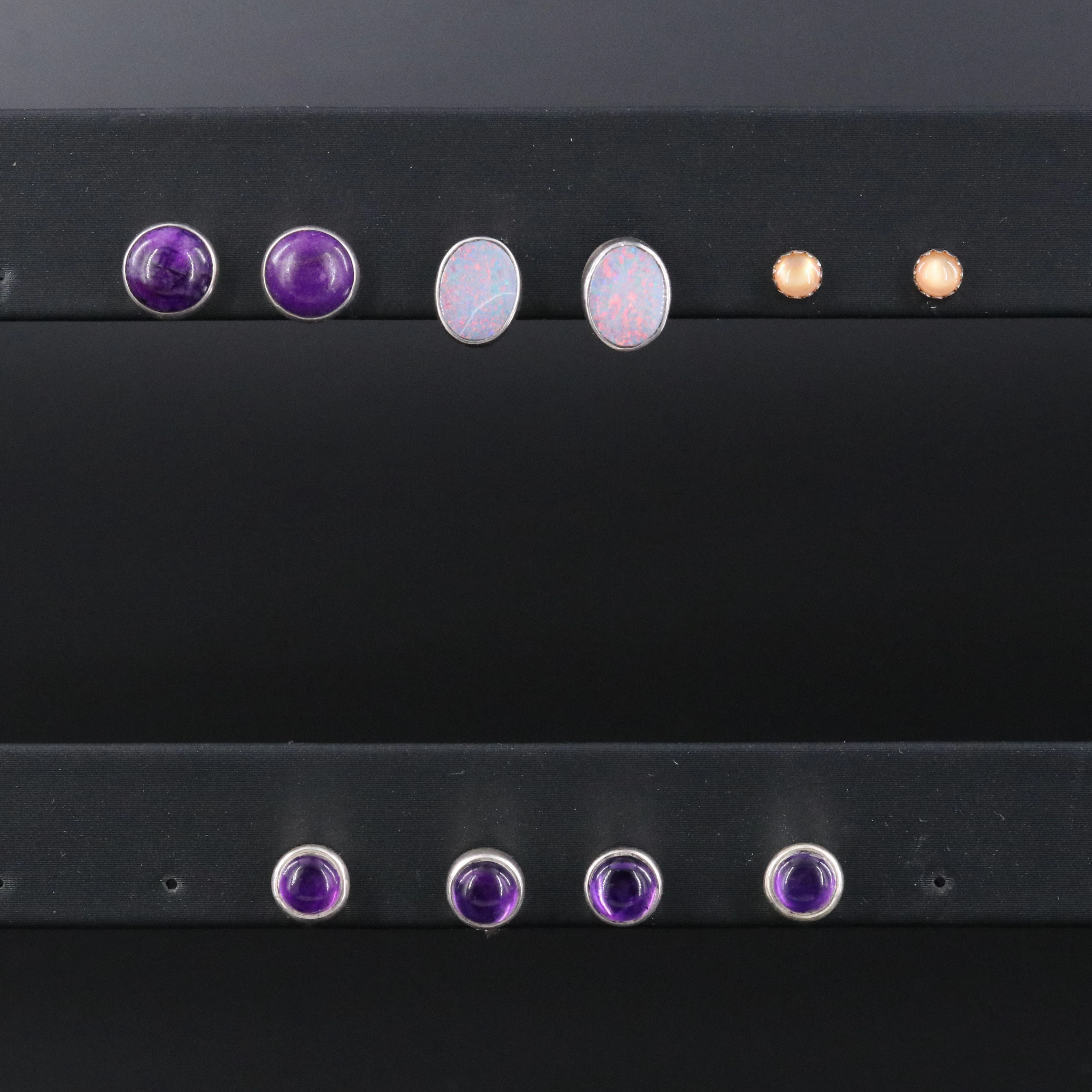 Sterling, Amethyst, Sugilite and Opal Featured in Stud Earrings