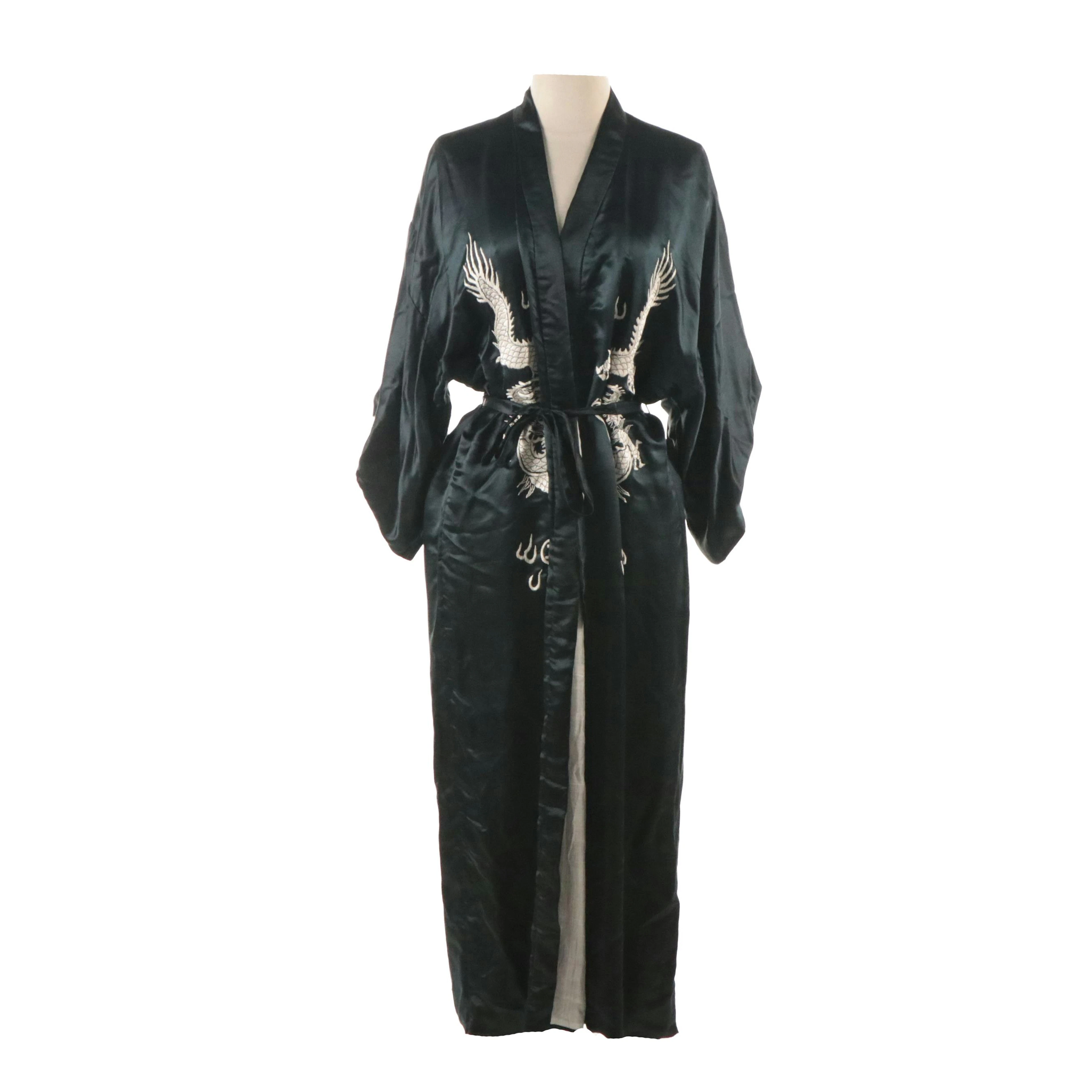 Chinese Embroidered Five-Claw Dragon/Flaming Pearl Lounge Robe in Silk Satin