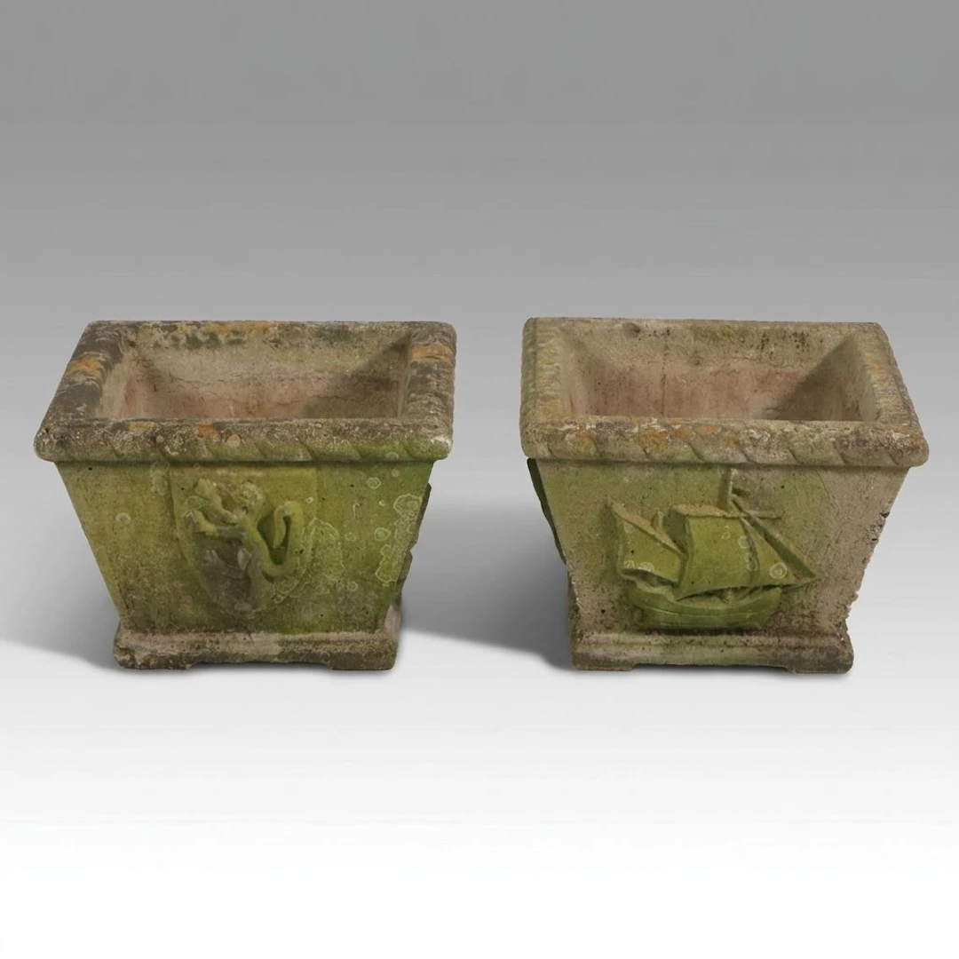 Pair of Cast Concrete Ship and Heraldic Crest Motif Planters