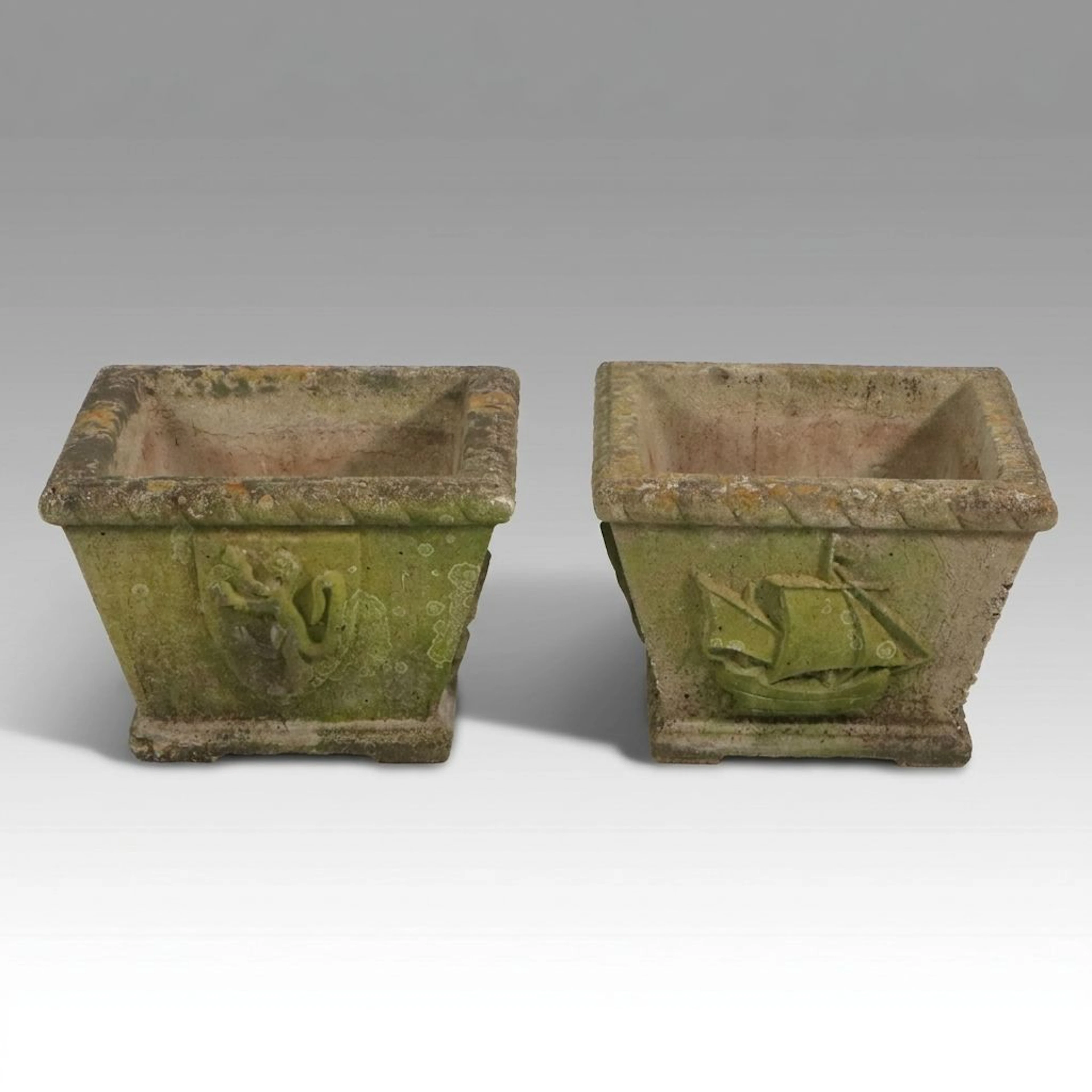 Pair of Cast Concrete Ship and Heraldic Crest Motif Planters