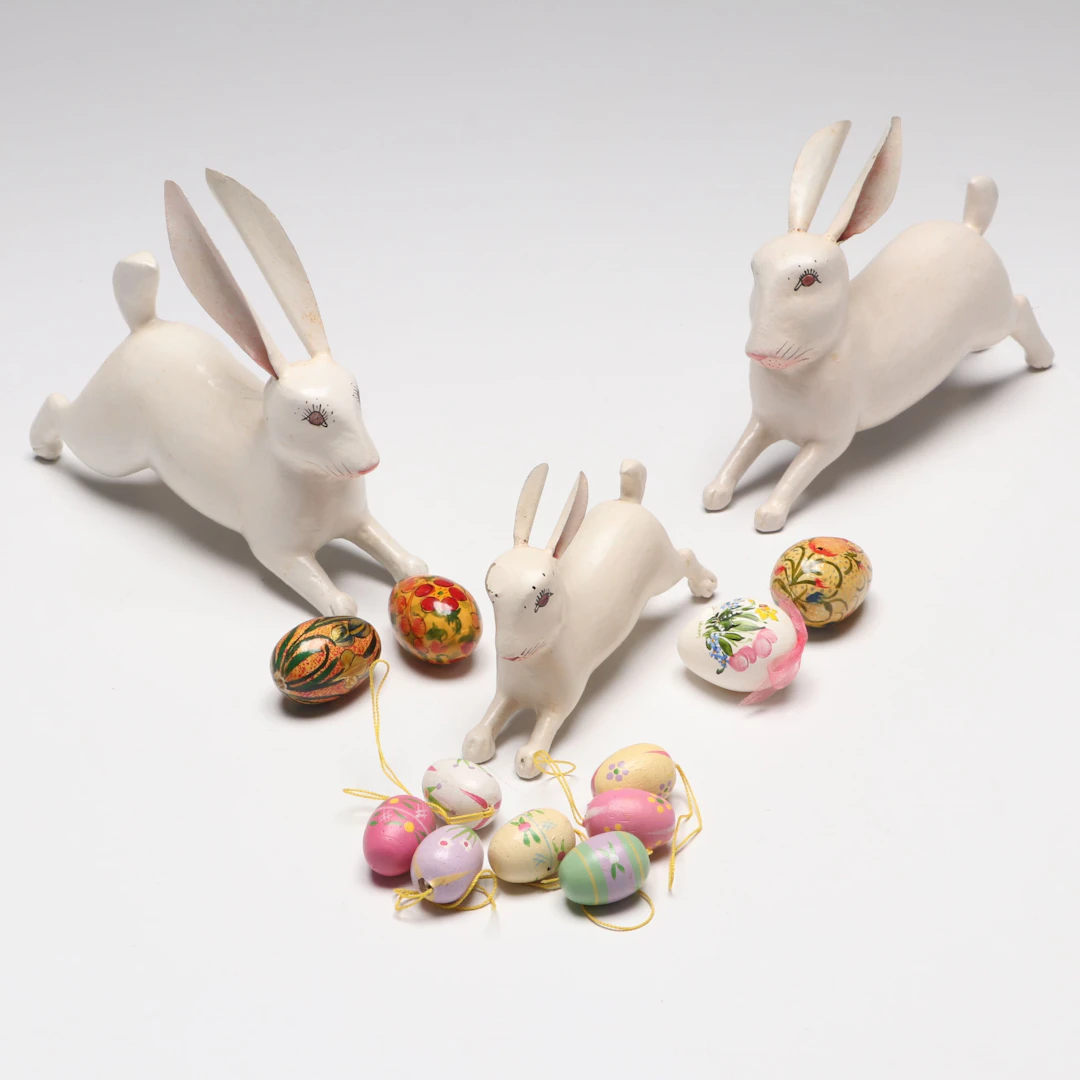 Folk Art Wooden Easter Ceramic Rabbit Figurines with Decorative Wood Eggs