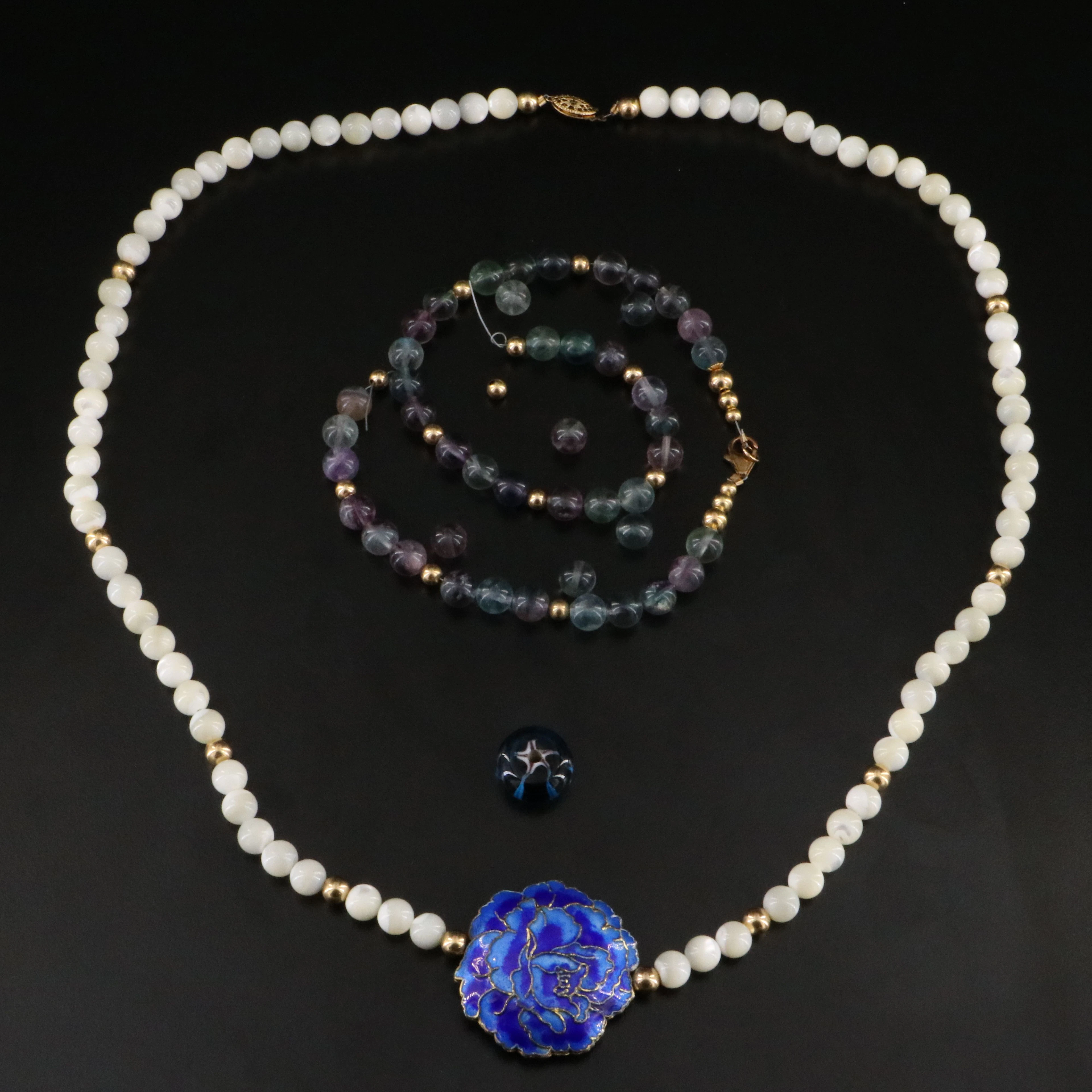 Necklace with Floral Cloisonné Station Gold-Filled Clasps and Fluorite Beads