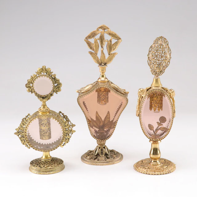 Rococo Style Ormolu Amber Glass Perfume Bottles