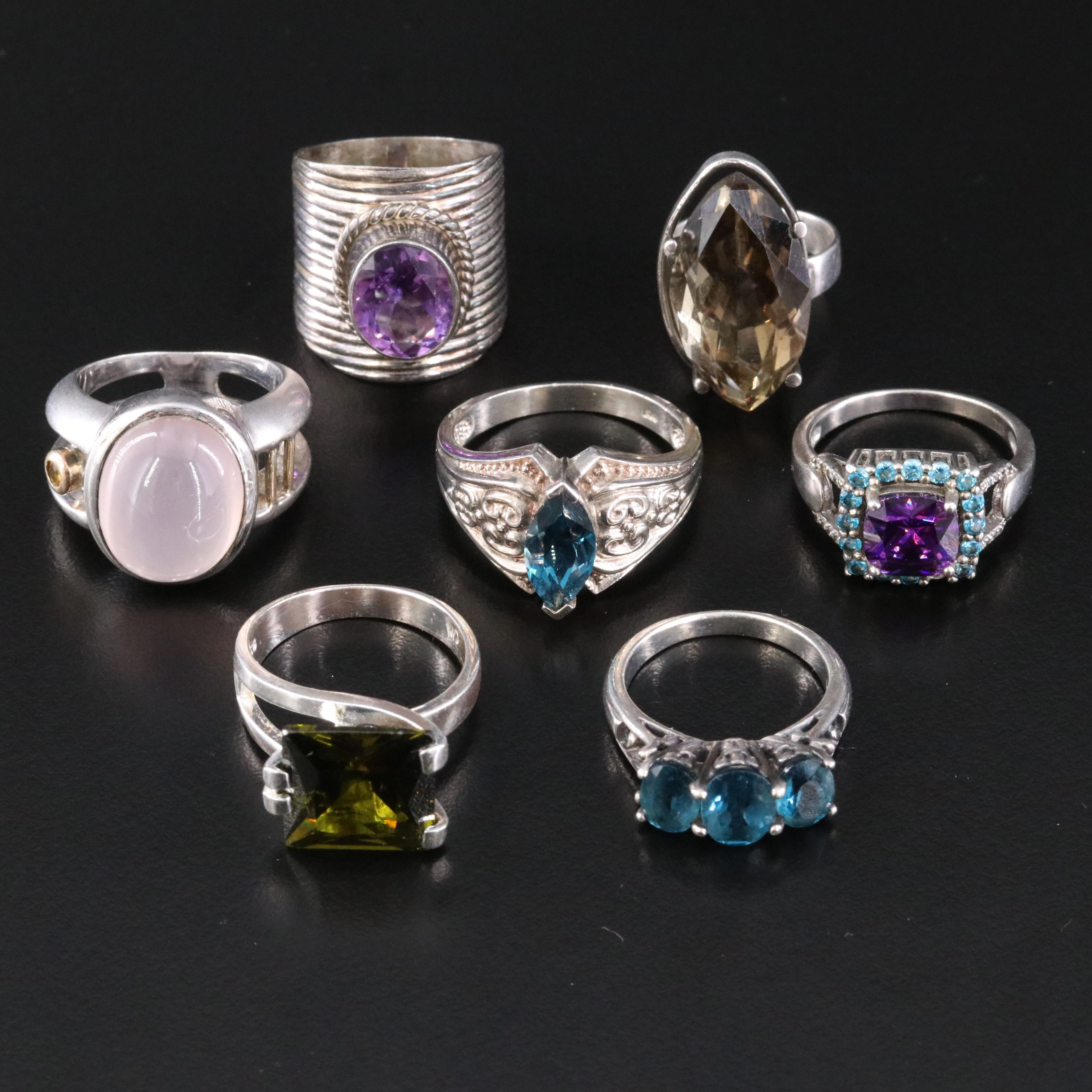 Sterling Ring Selection Ft. Blue Topaz, Rose Quartz and Amethyst