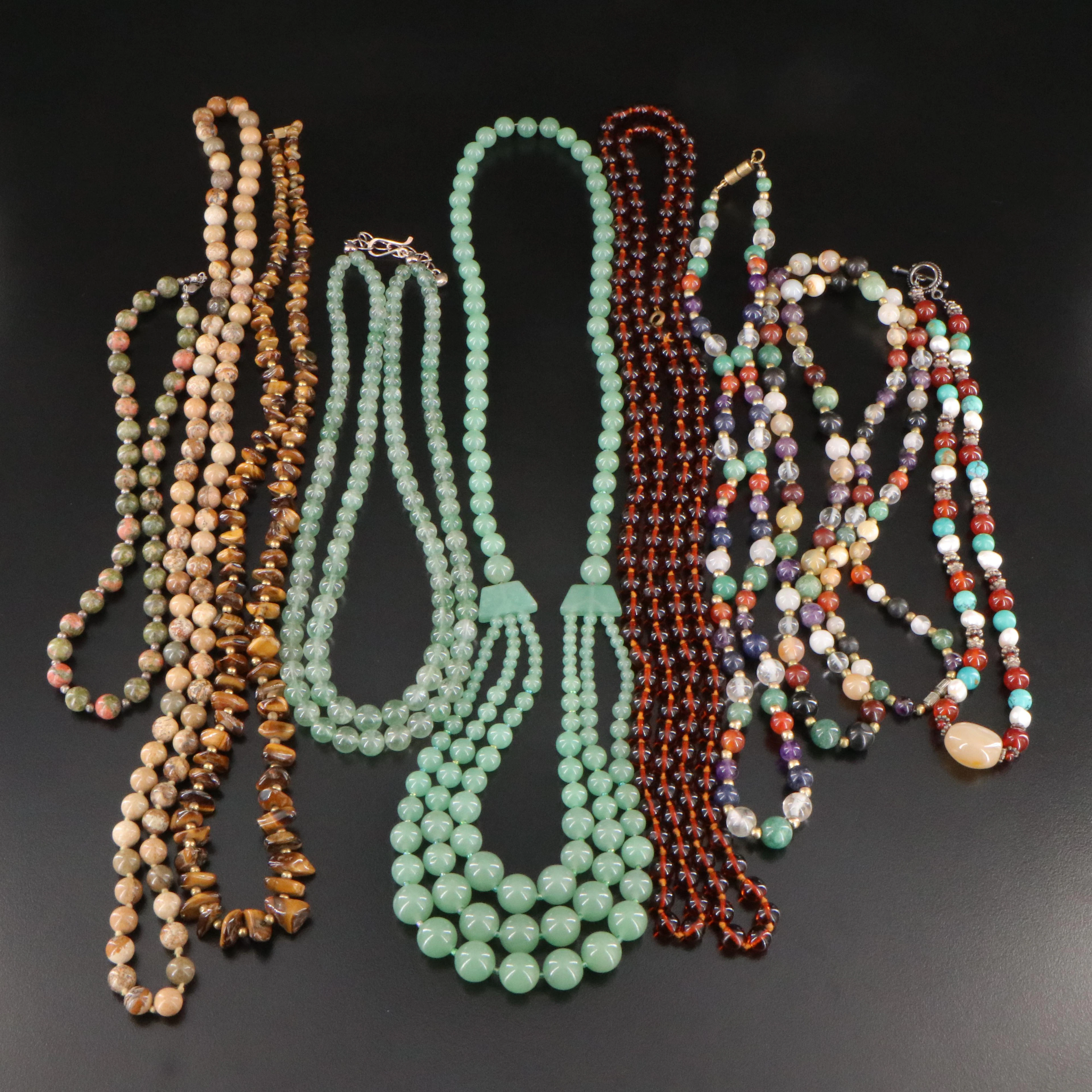 Sterling, Unakite, Tiger's Eye and Aventurine Featured in Gemstone Necklaces