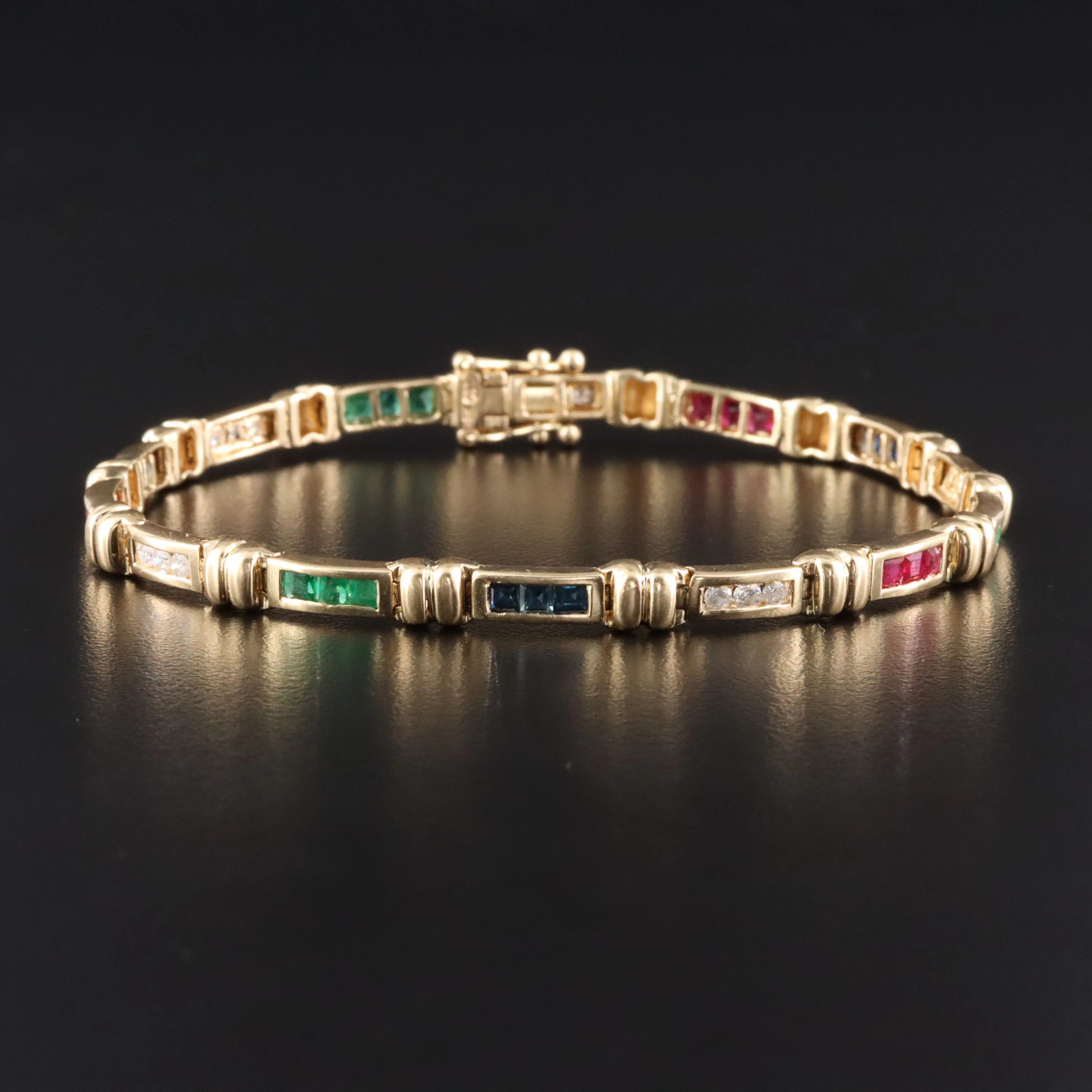 14K Sapphire, Ruby, Emerald, and Diamond Bracelet