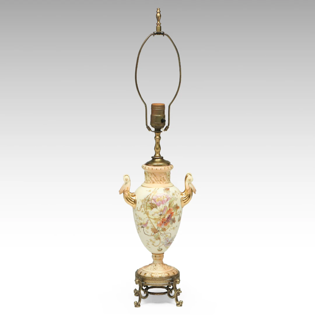 Continental Style Gilt Accented Porcelain Urn Table Lamp, Vintage
