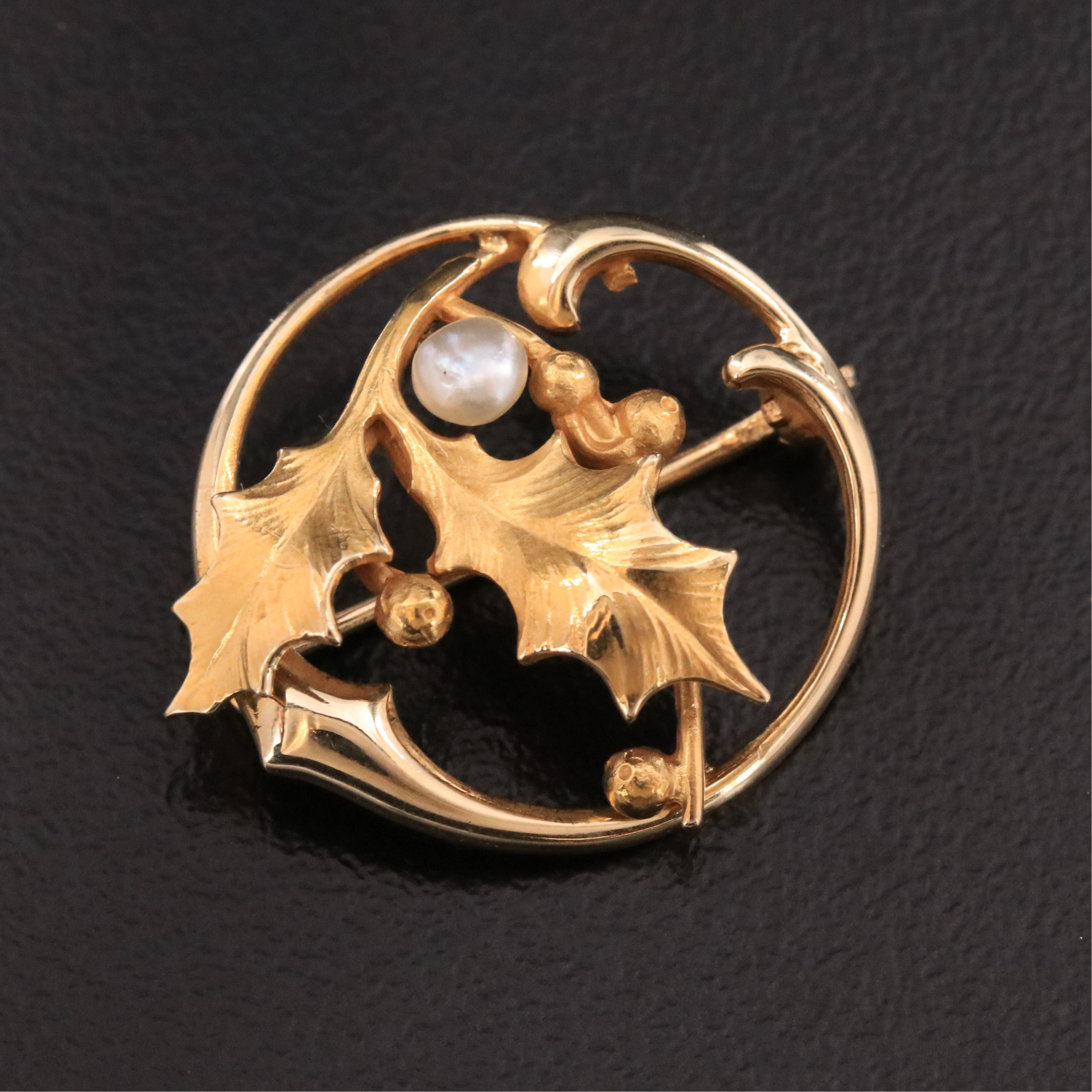 Art Nouveau 14K Holly Pin with Pearl Accent