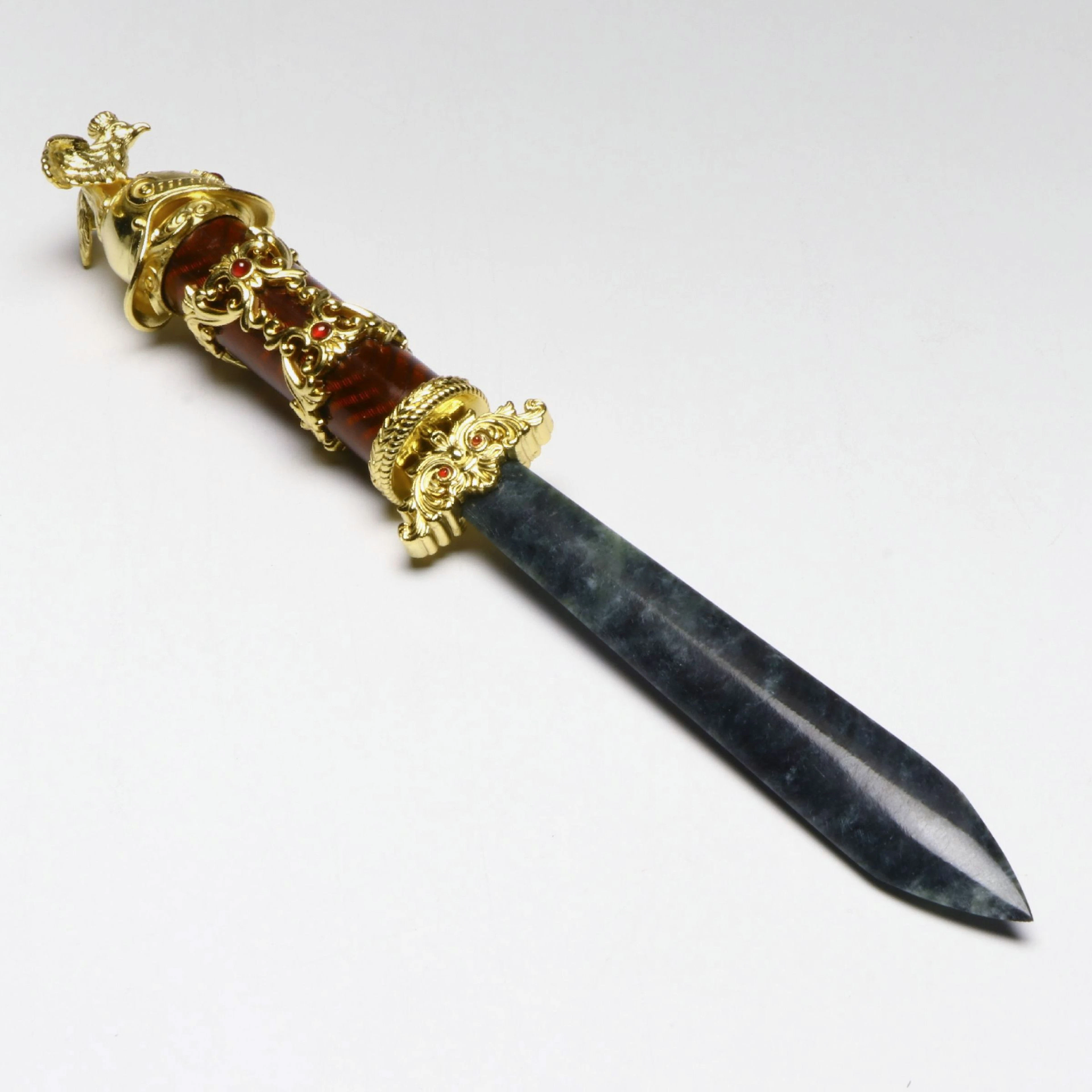 Russian Gilt 875 Silver, Lab Ruby and Serpentine Letter Opener