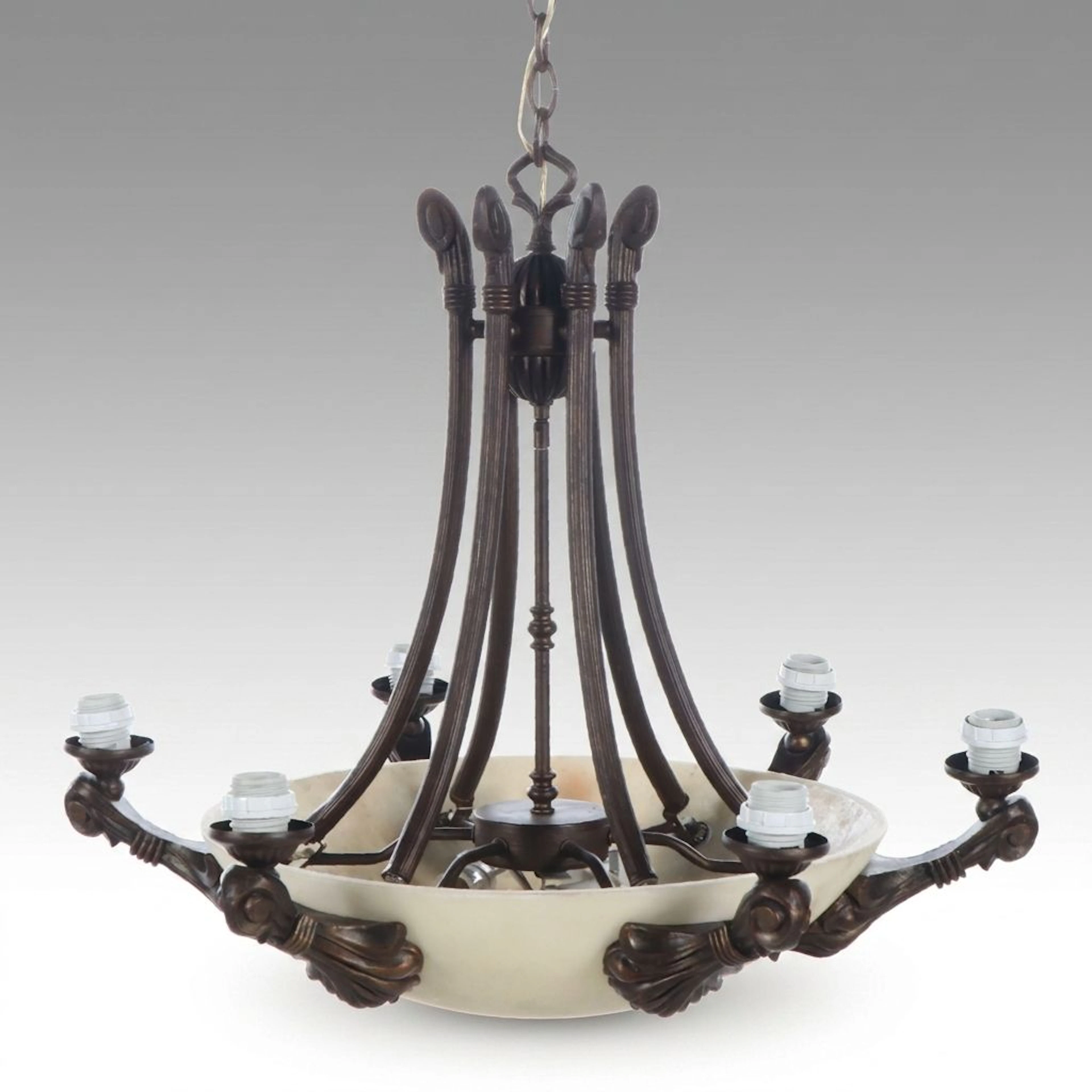 Transitional Style Bronzed Metal Alabaster Glass Plafonnier Chandelier