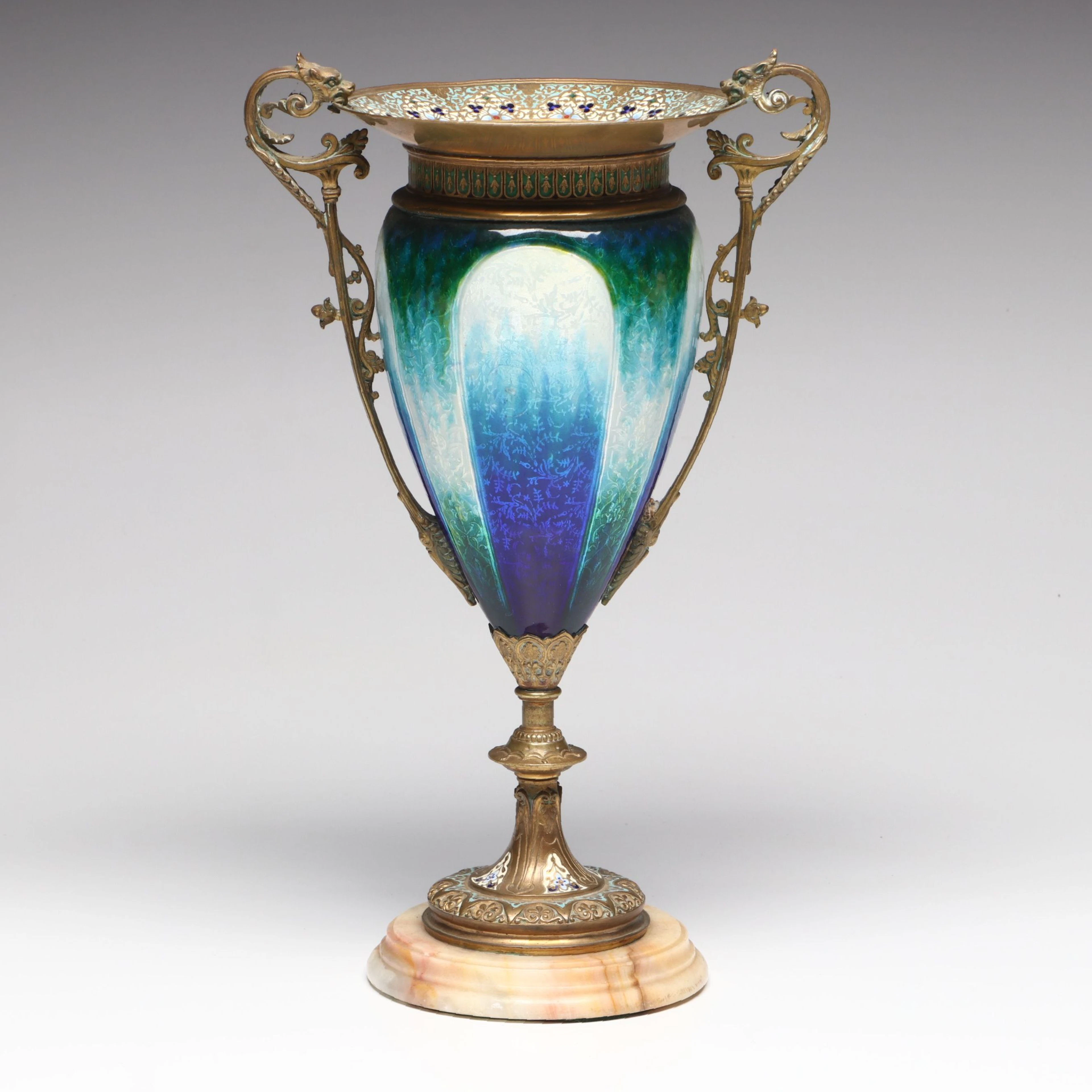 French Belle Époque Plique-à-Jour Enamel and Gilt-Bronze Mounted Onyx Vase