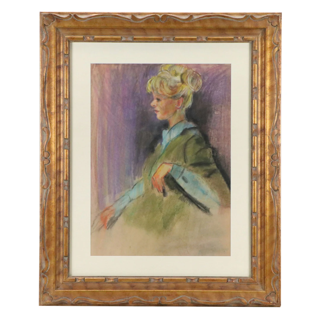After Elaine De Kooning Portrait Pastel Drawing of Seated Woman