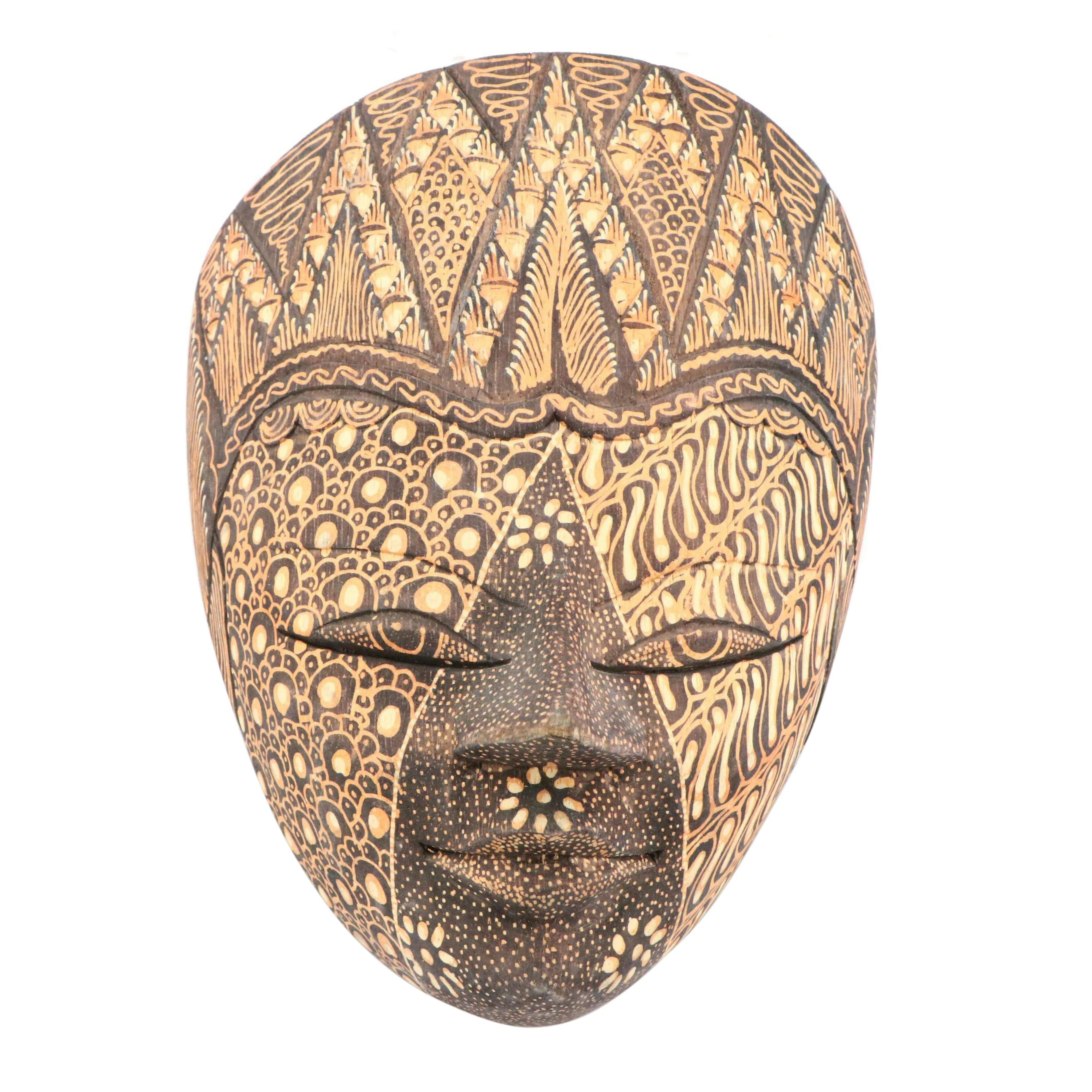 Indonesian Hand-Carved Batik Wood Wall Mask