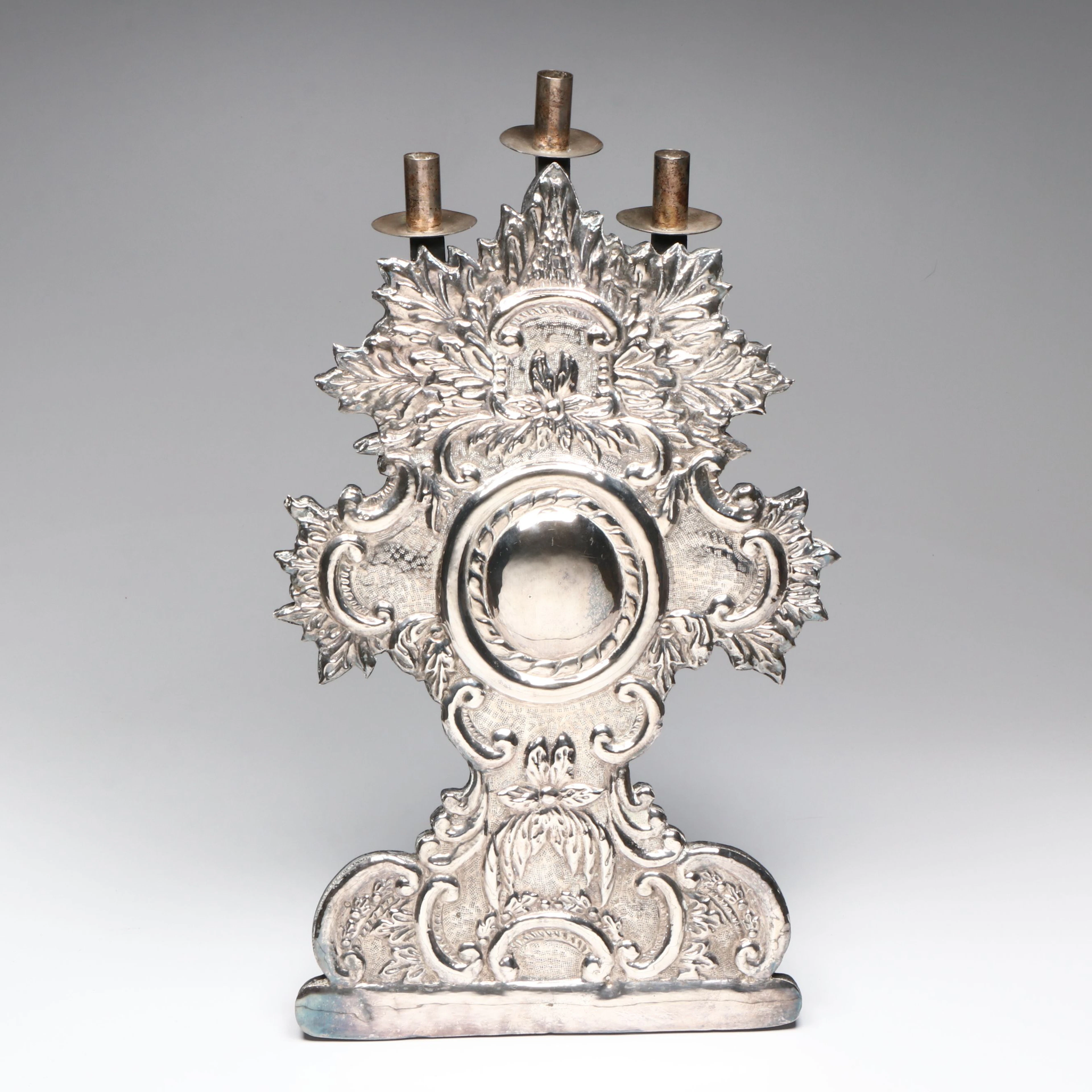 Spanish Colonial Style Repoussé Silver Plate Three-Light Candelabrum