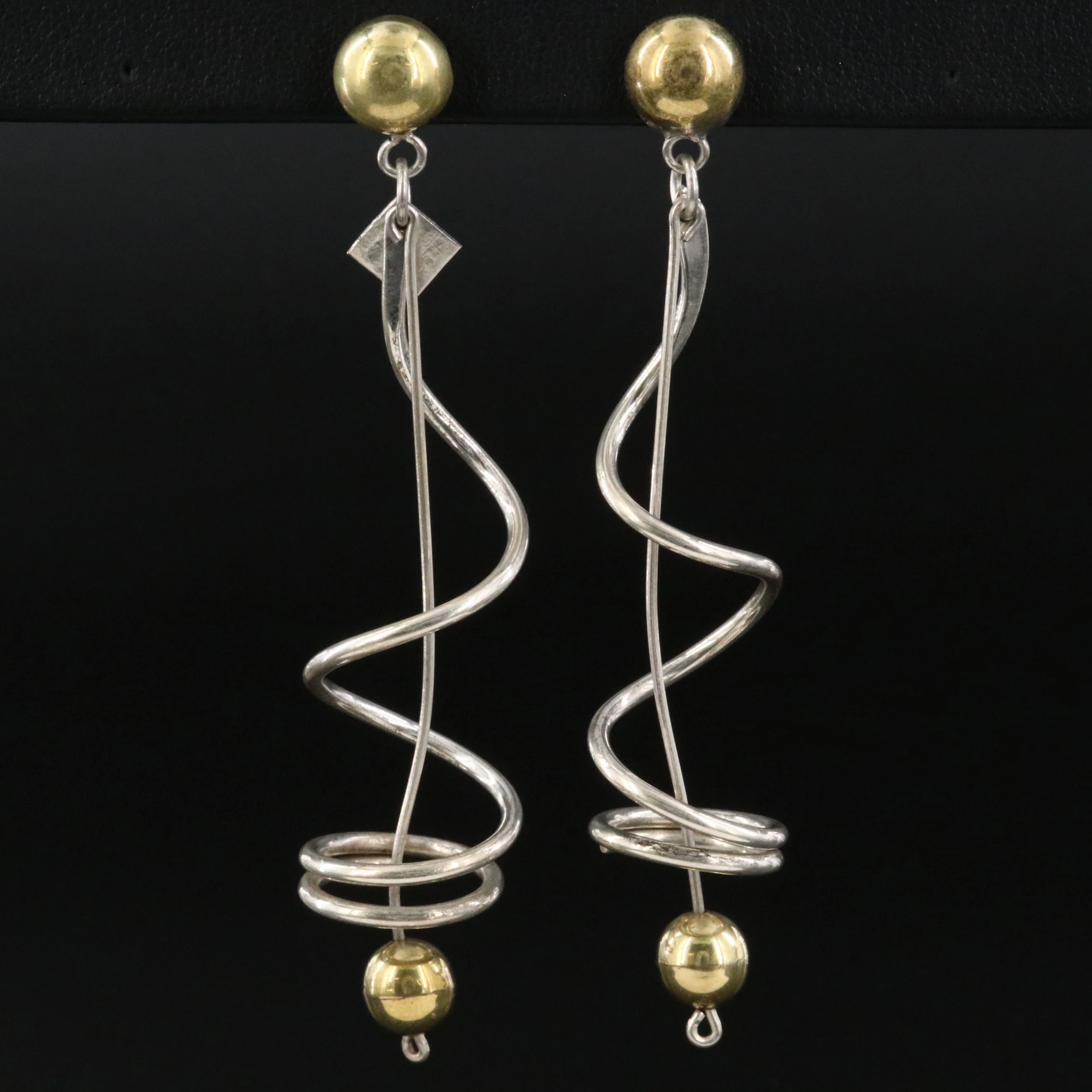 Mexican Sterling Spiral Drop Earrings with Brass Accents