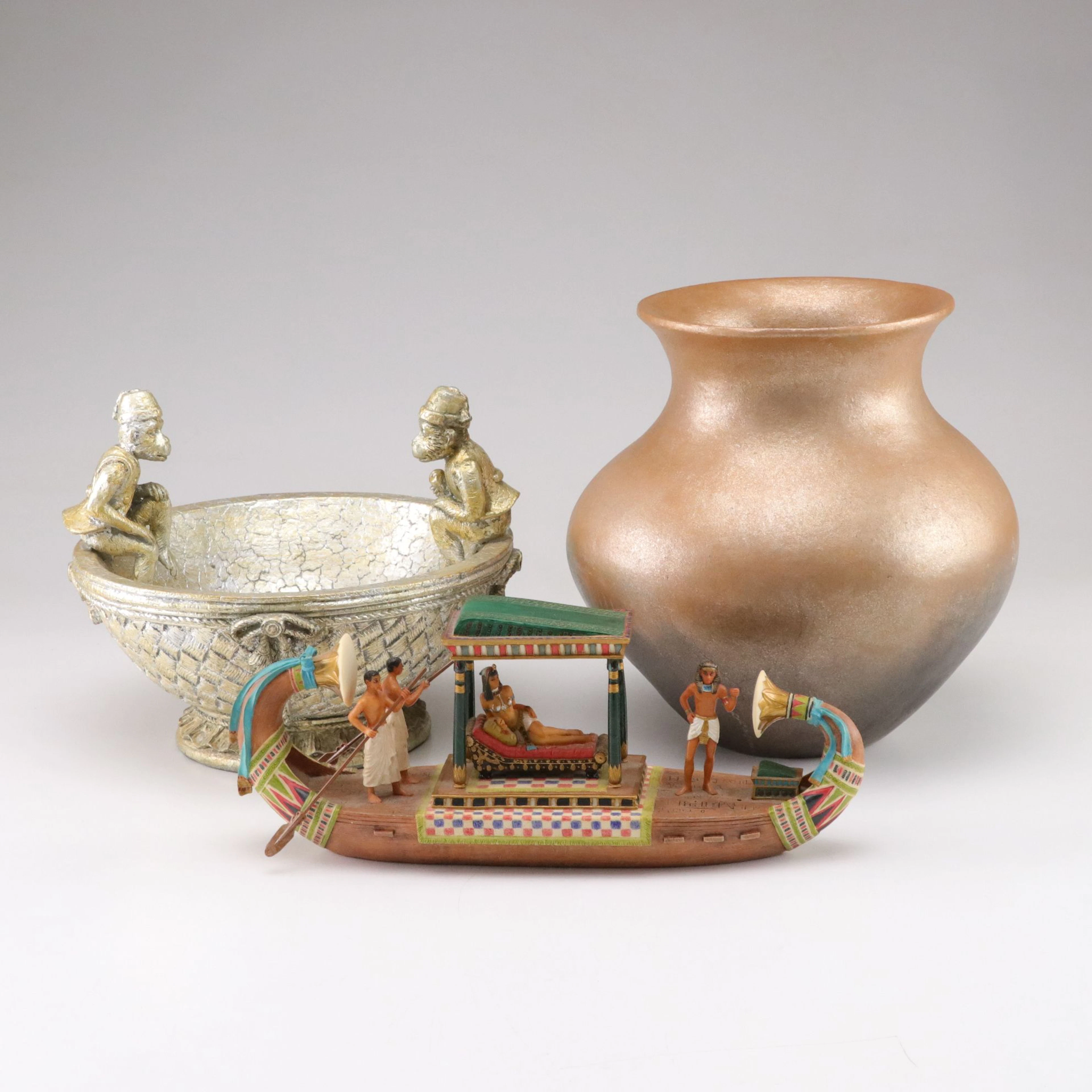 Picuris Micaceous Vase with Veronese Cleopatra's Barge, and Monkey Bowl