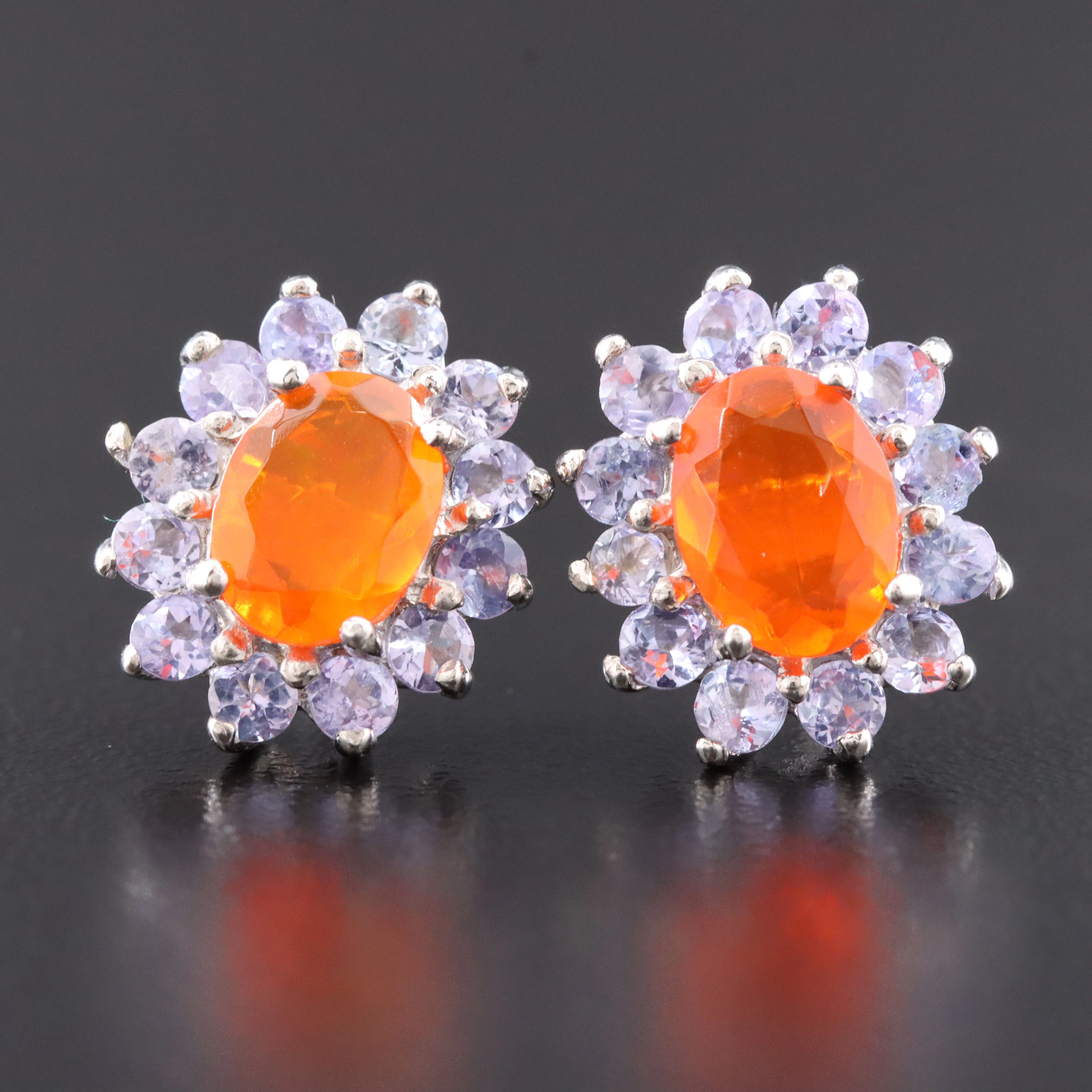 Sterling Fire Opal and Tanzanite Halo Earrings