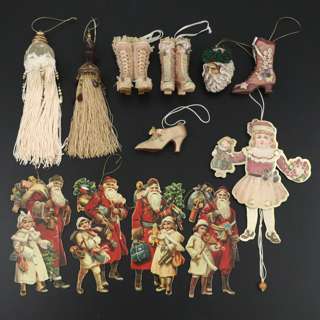 Children with Santa Offset Litho Ornaments with More Victorian Style Ornaments