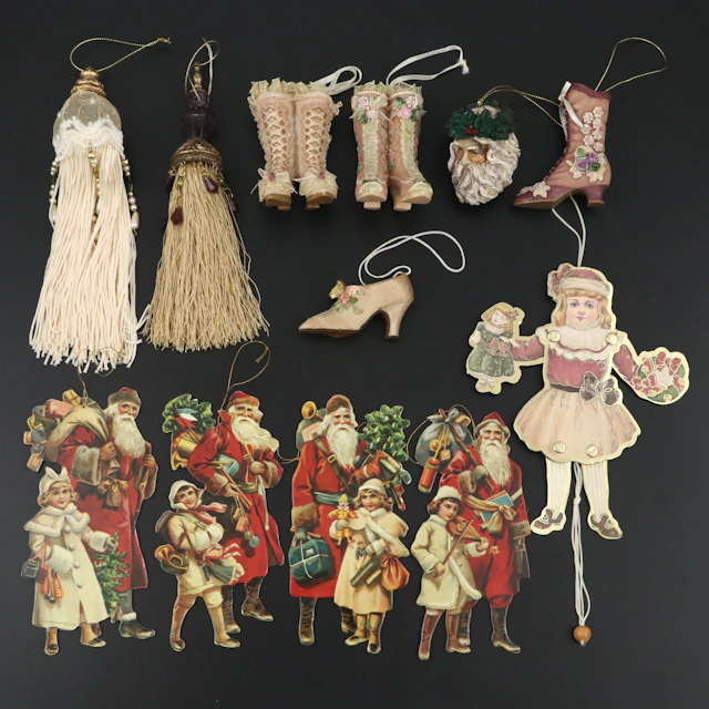 Children with Santa Offset Litho Ornaments with More Victorian Style Ornaments