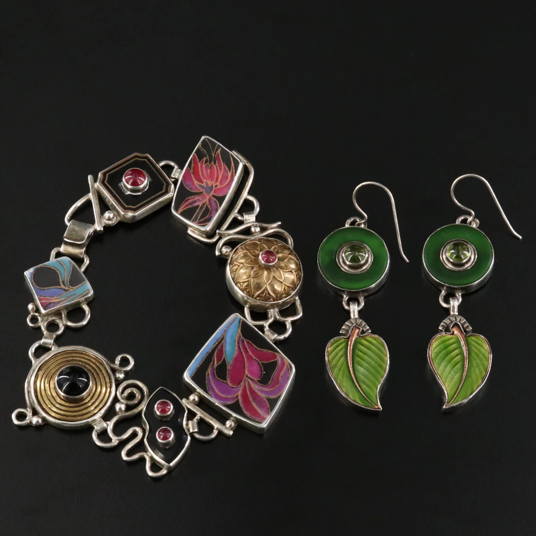 Shano Kelley Sterling Enamel Bracelet and Earrings Featuring Peridot