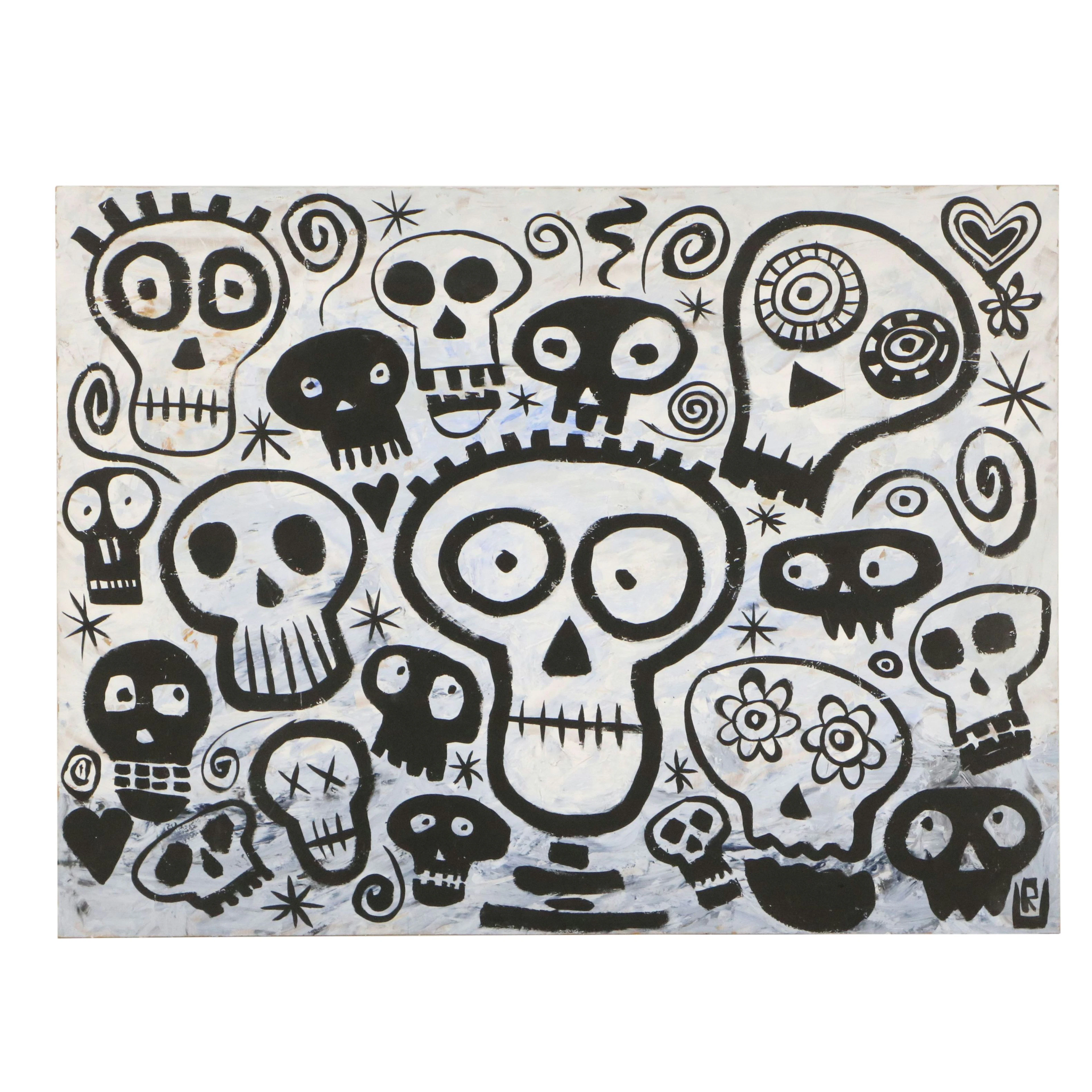 Ursula Roma Neo-Expressionist Style Acrylic Painting of Skulls, 2015