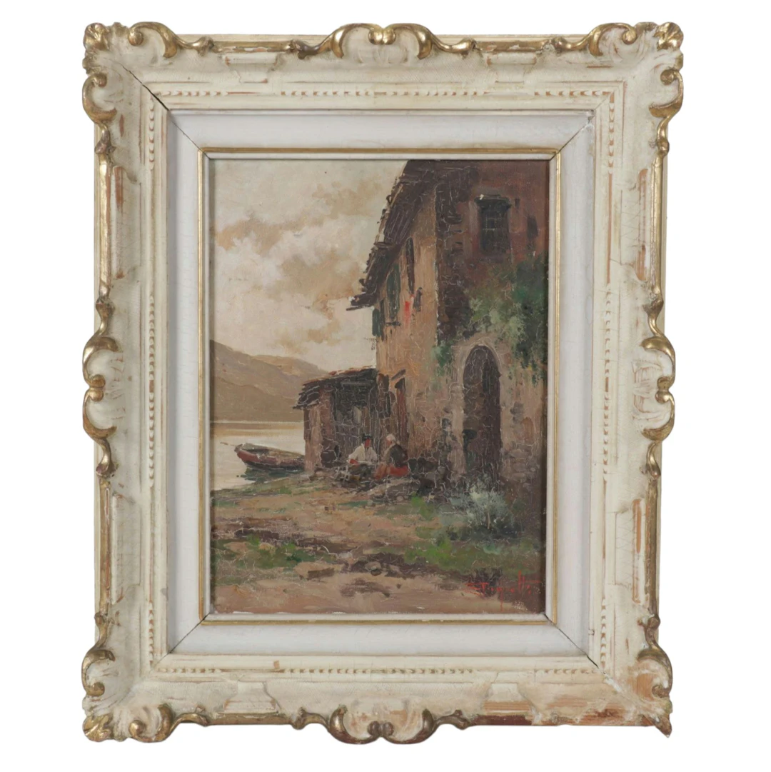 Ercole Magrotti Oil Painting of Lakeside Village Landscape, Early