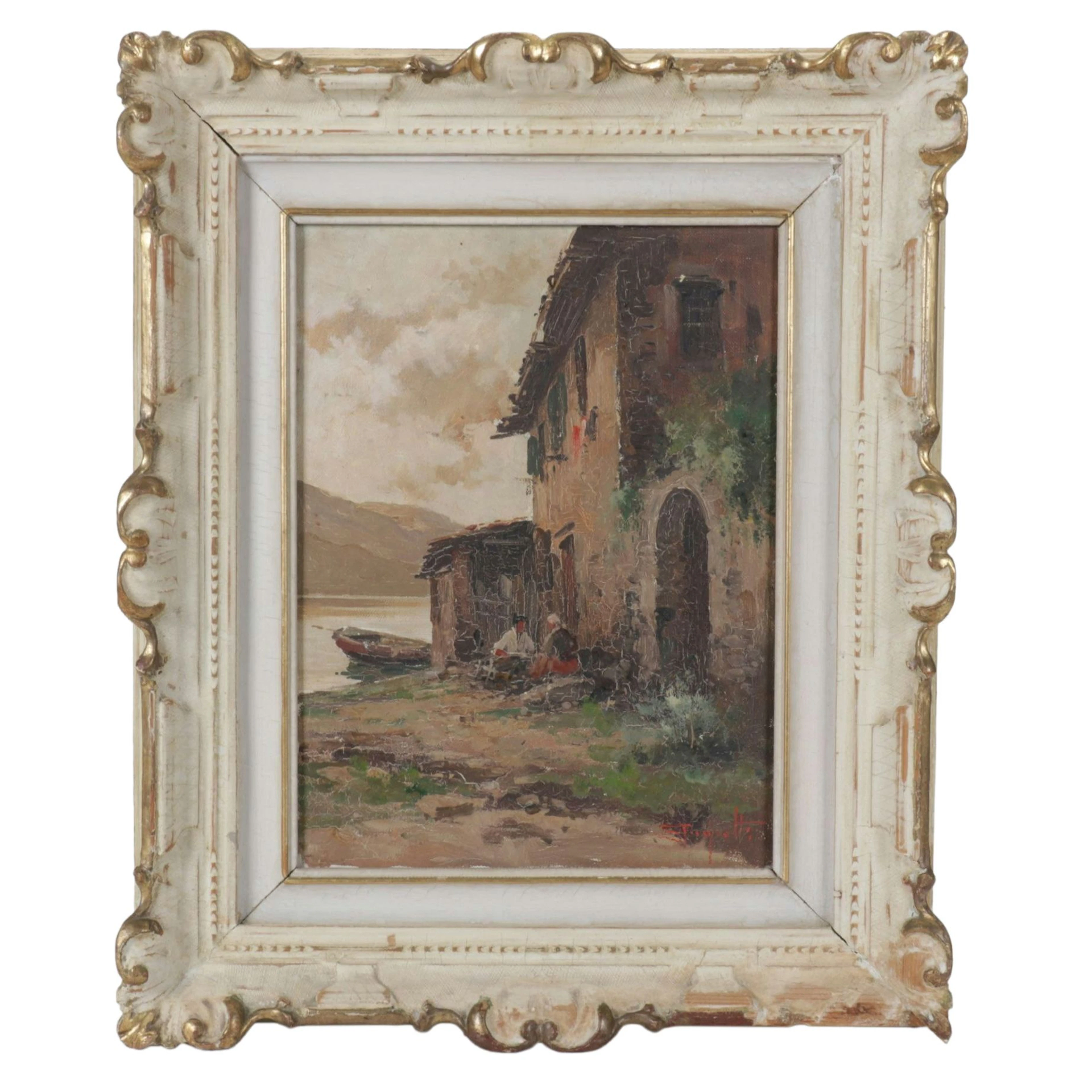 Ercole Magrotti Oil Painting of Lakeside Village Landscape, Early