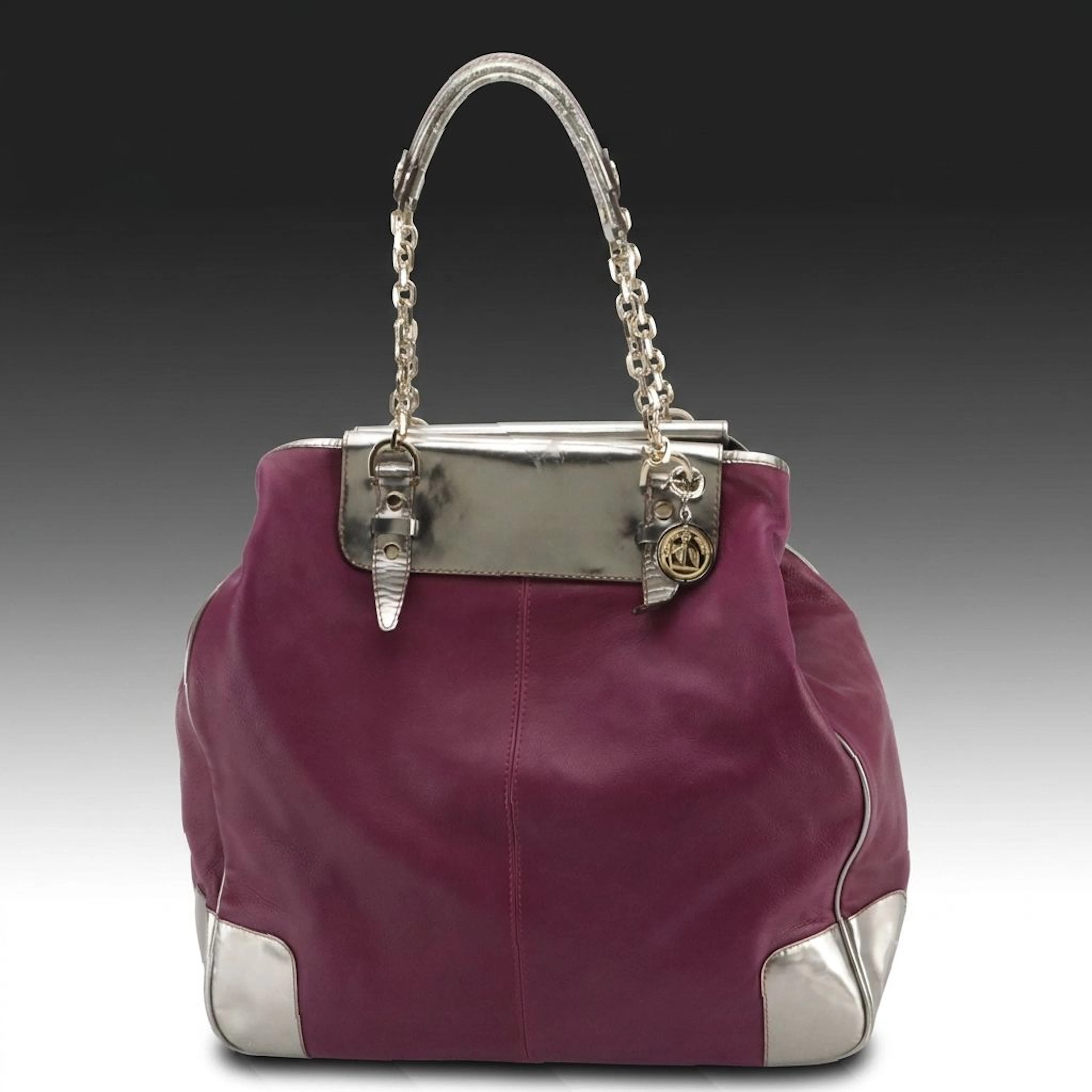 Lanvin Large Chain Strap Tote Bag in Violet Calfskin and Silver Patent Leather