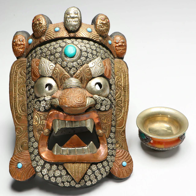 Nepalese Mixed Metal on Wood Mahakala Mask and Bowl