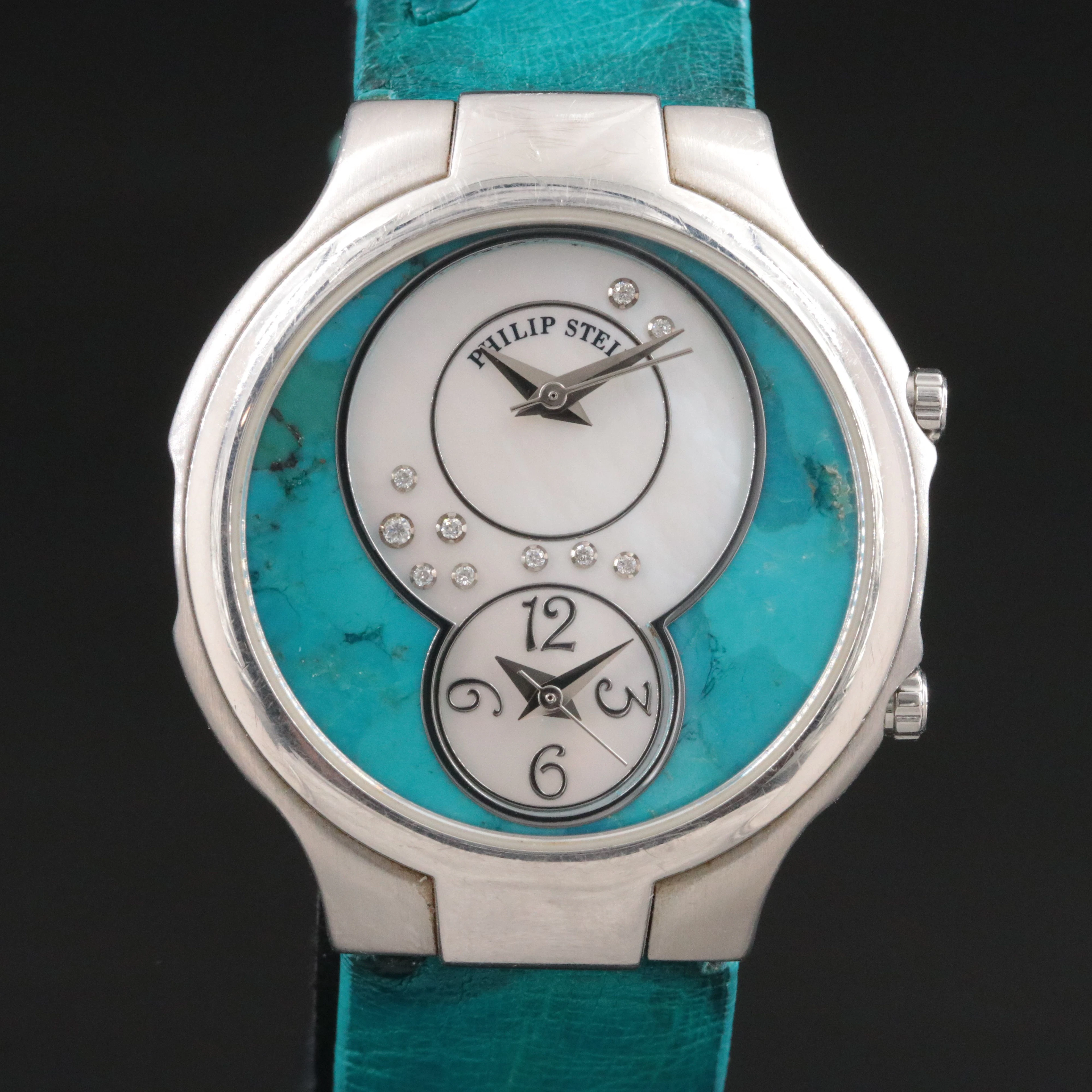 Philip Stein Diamond M.O.P. Dual Time Torquoise Motif Dial Steel Watch
