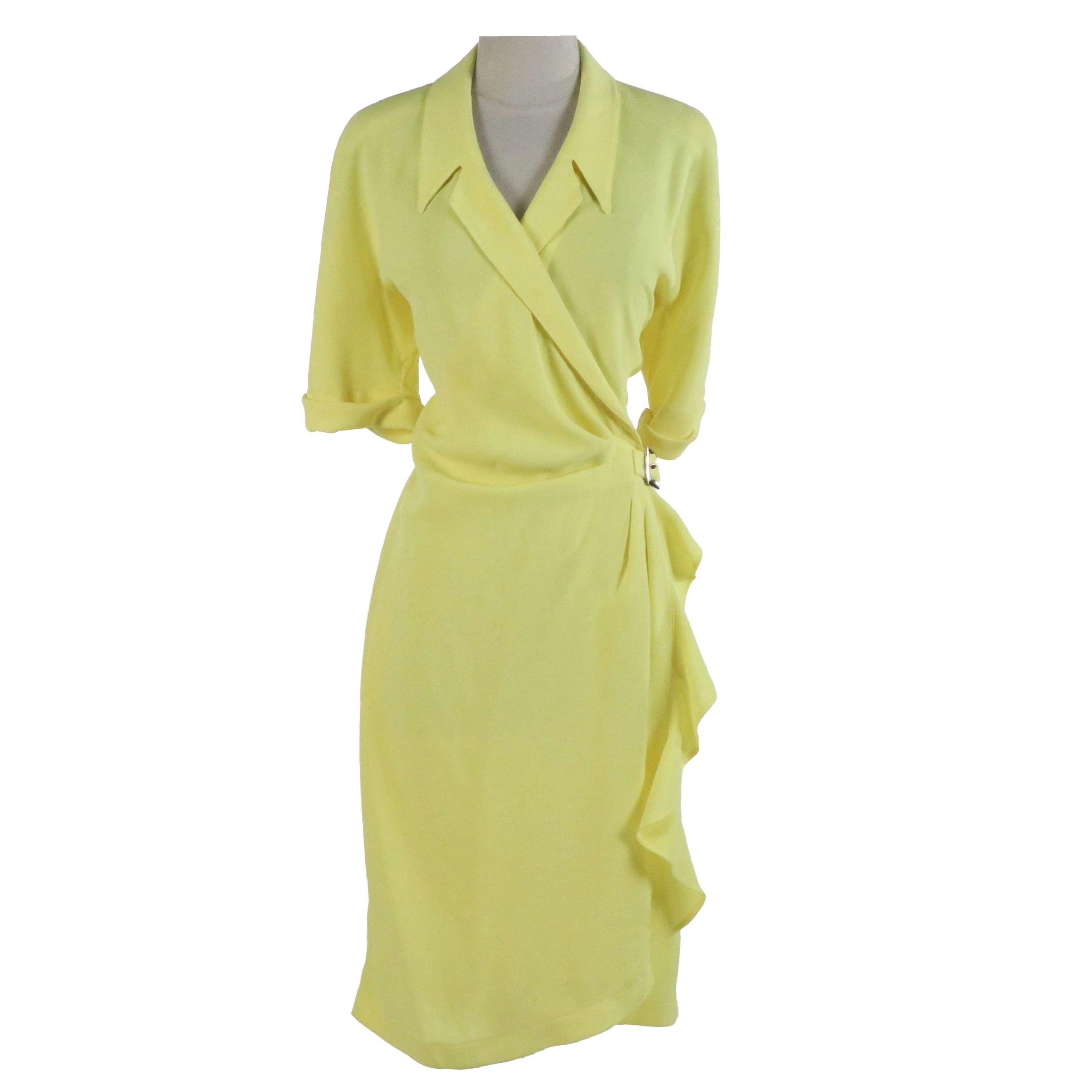 Thierry Mugler Vintage Single-Breasted Wrap Dress in Lemon Yellow, circa 1990