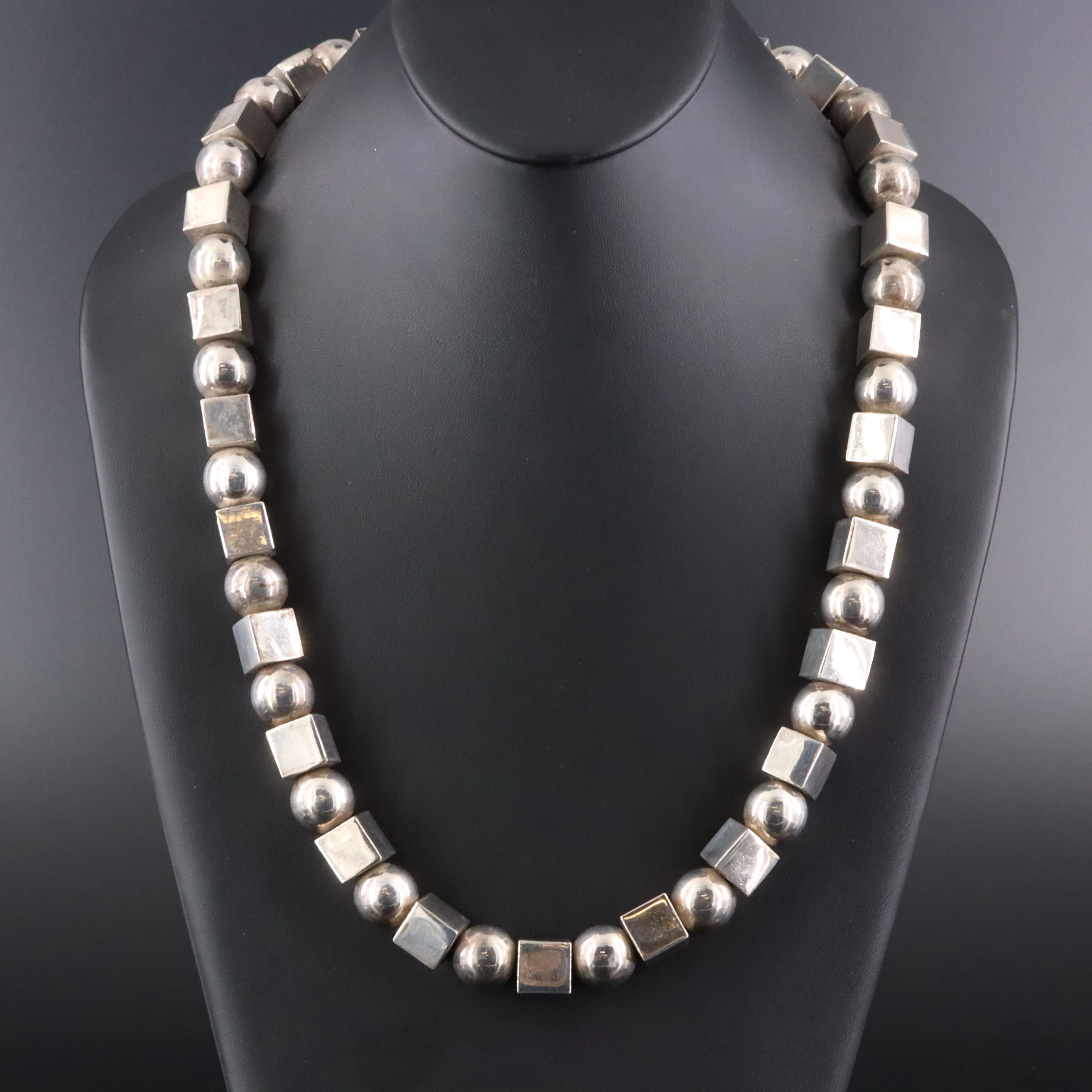 Vintage Mexican Sterling Square & Round Bead Necklace