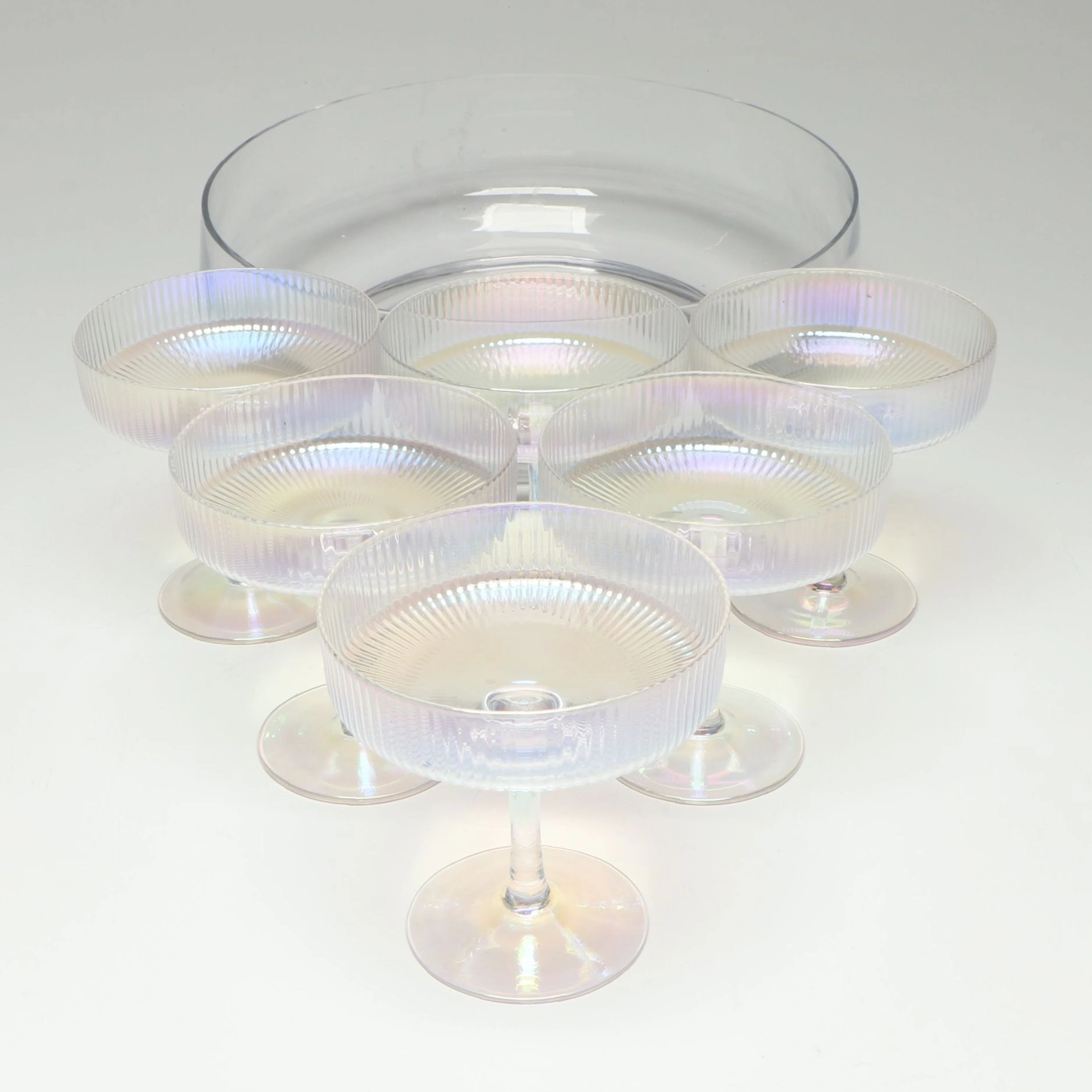 Fluted Iridescent Glass Champagne Coupes with Glass Console Bowl
