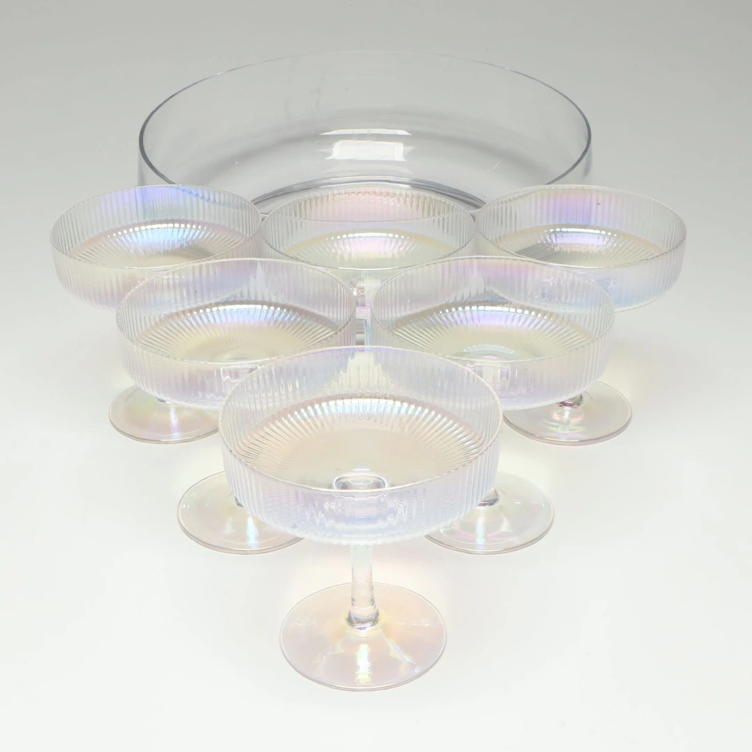 Fluted Iridescent Glass Champagne Coupes with Glass Console Bowl