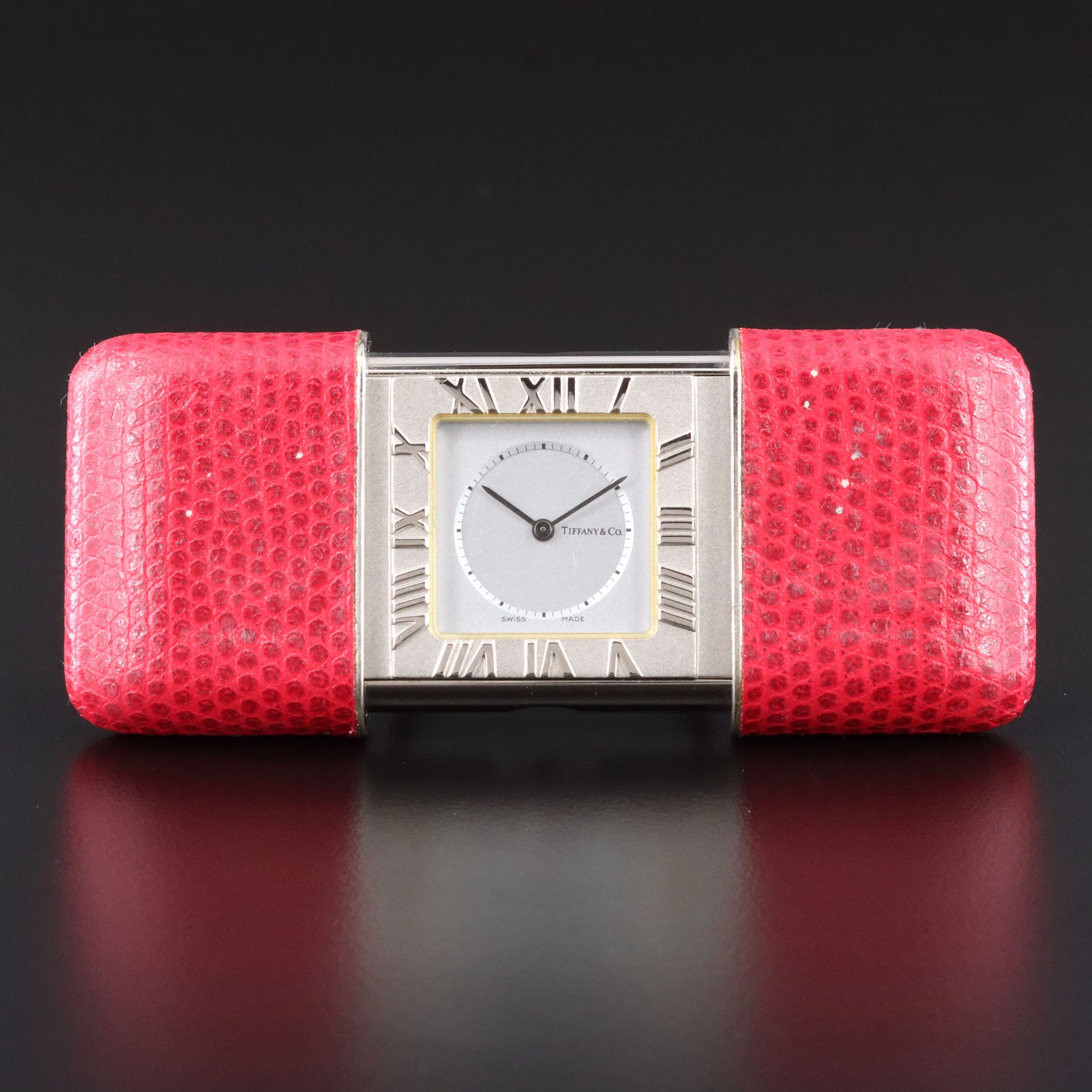 Tiffany & Co. Silver Tone and Red Alligator Leather Travel Alarm/Purse Clock