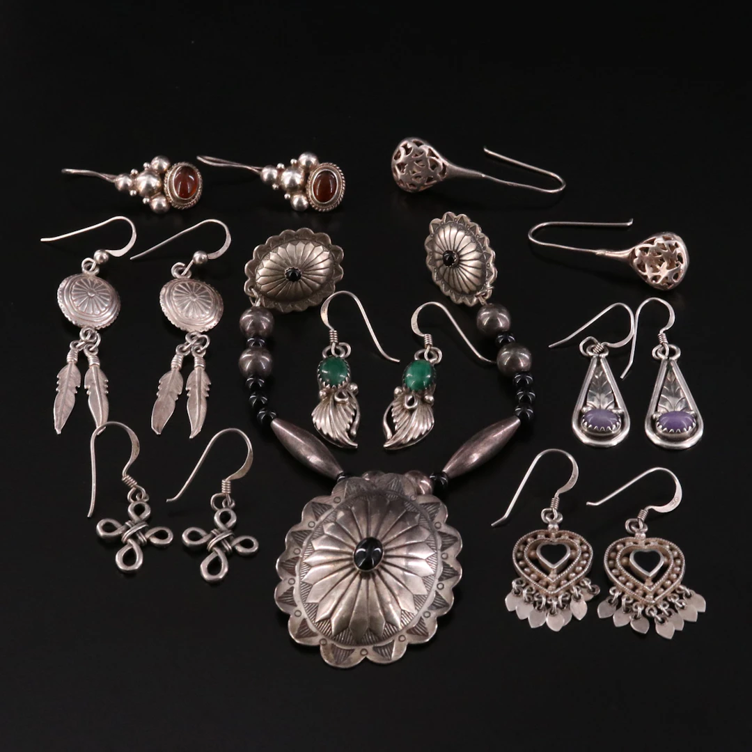 Western Style Sterling Earrings and Collar Pin Including Malachite and Amber
