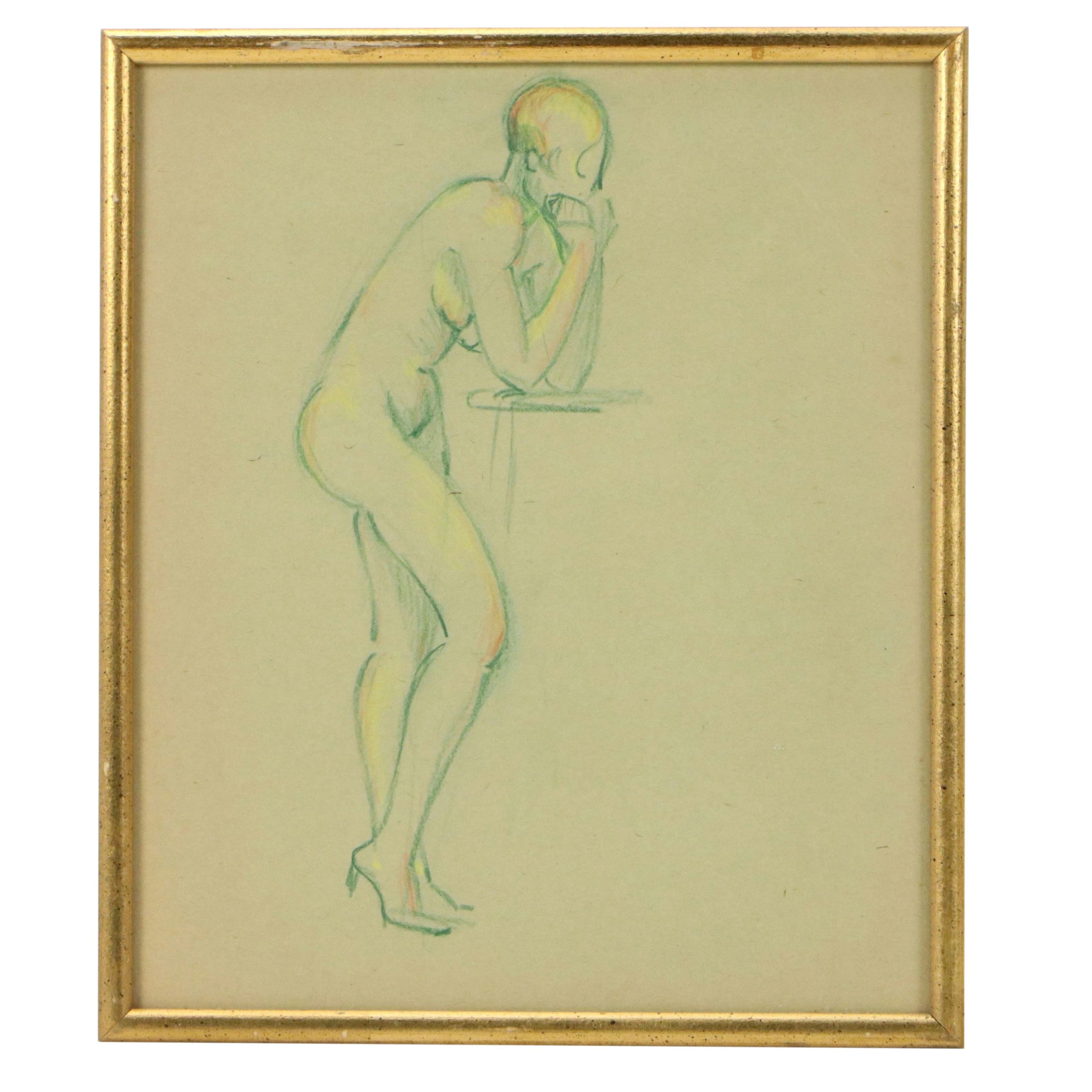 Colored Pencil Sketch of Standing Female Nude, 20th Century