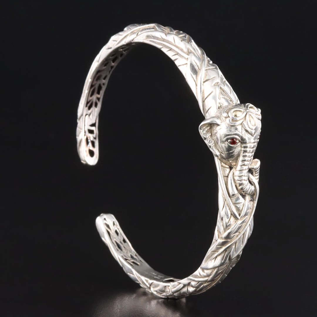 Sterling Garnet Eyed Elephant Cuff With 14K Yellow Gold Accents